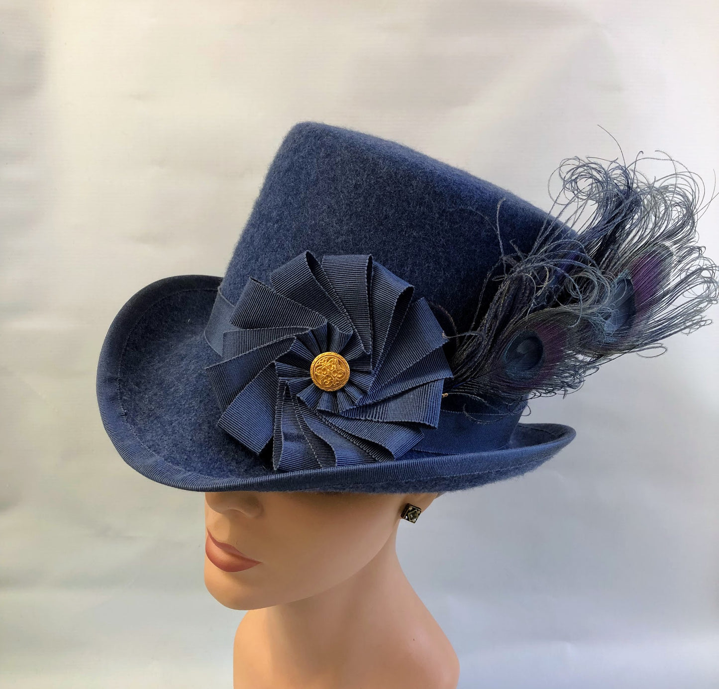 "Sussex Renaissance" Felt Tall Hat - Hand-Blocked 16th Century Inspired - Deep Navy, Feather & Ribbon Artistry, Historical Cosplay, Distinguished Style