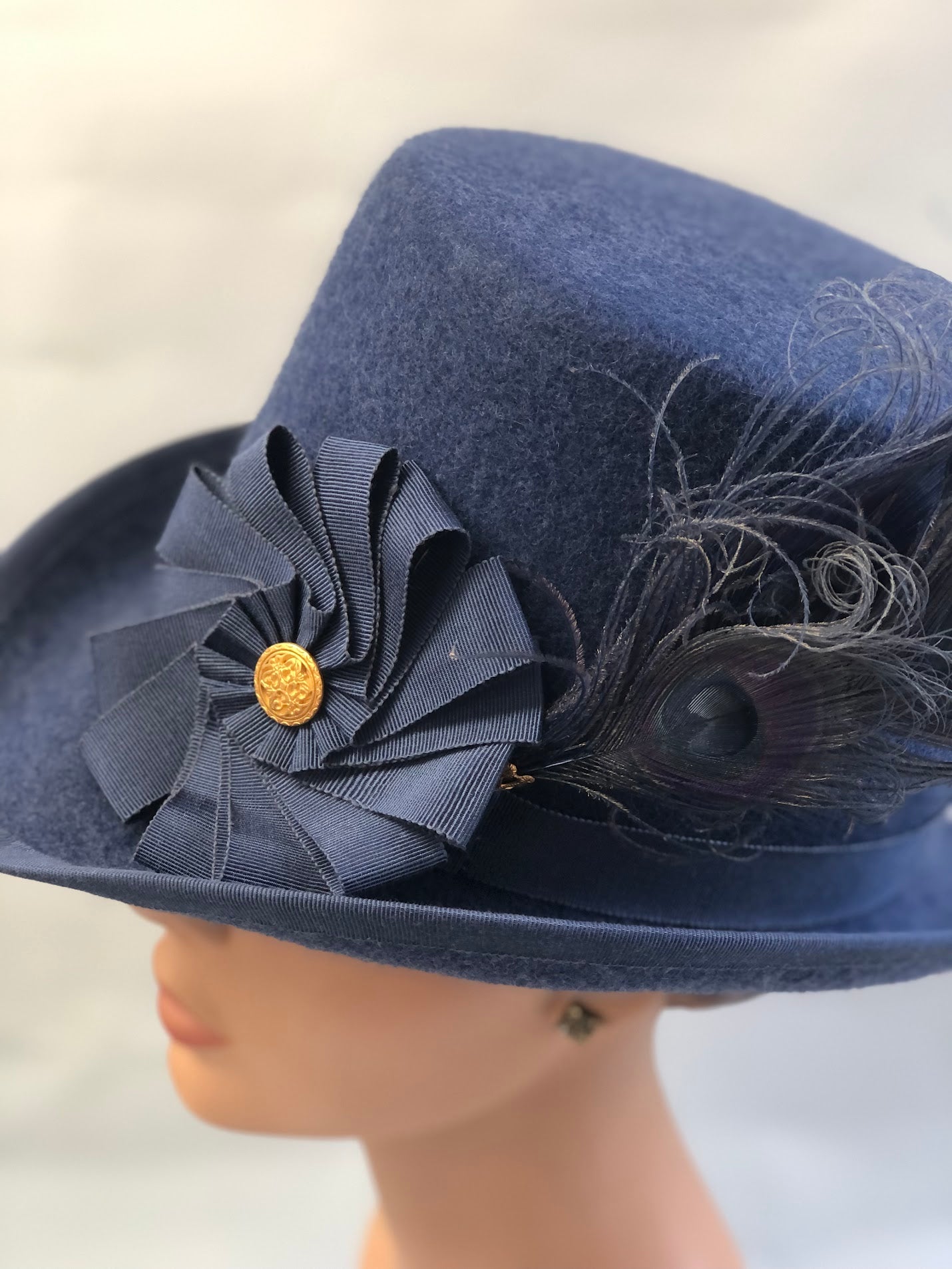 "Sussex Renaissance" Felt Tall Hat - Hand-Blocked 16th Century Inspired - Deep Navy, Feather & Ribbon Artistry, Historical Cosplay, Distinguished Style