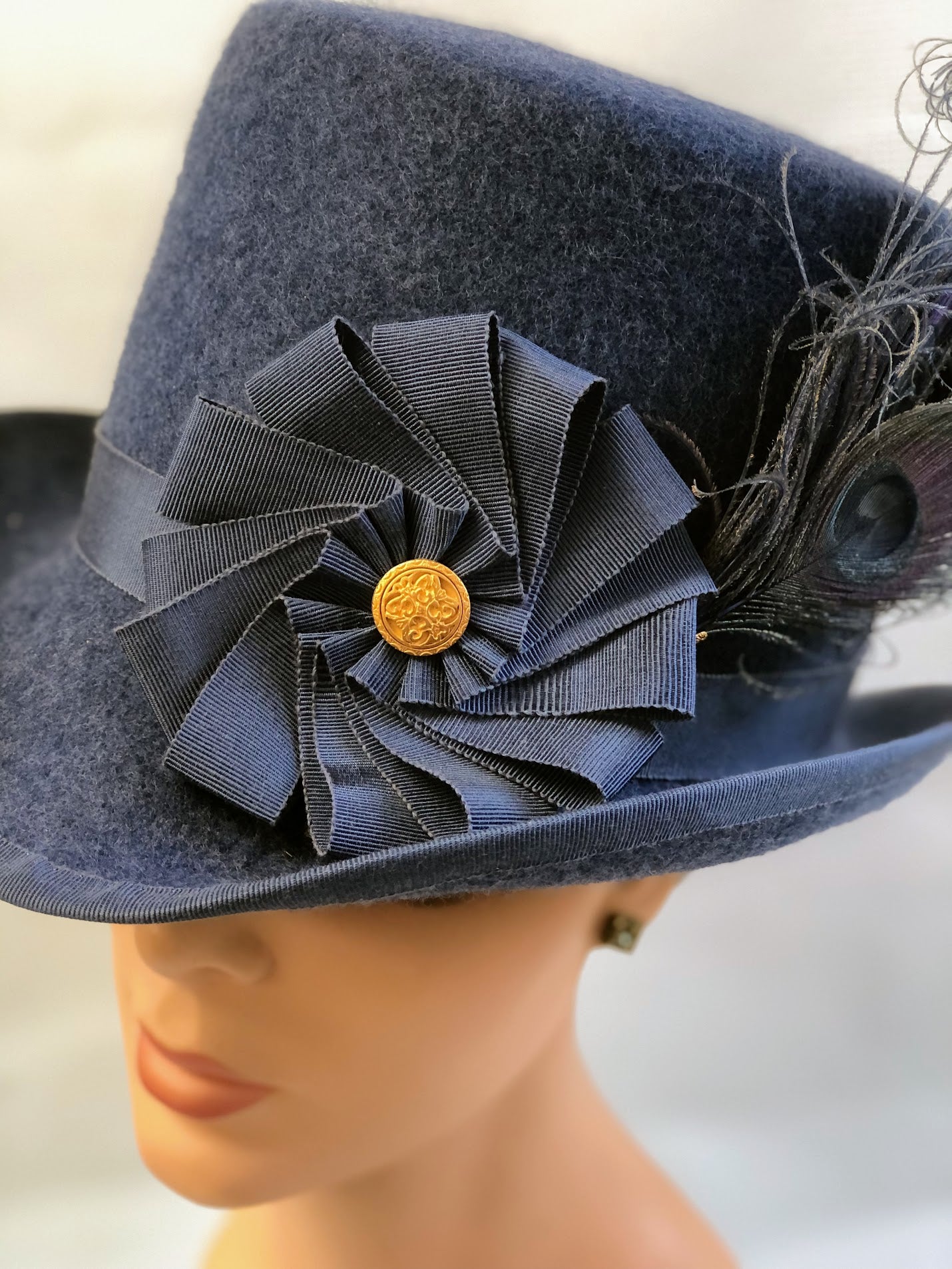"Sussex Renaissance" Felt Tall Hat - Hand-Blocked 16th Century Inspired - Deep Navy, Feather & Ribbon Artistry, Historical Cosplay, Distinguished Style