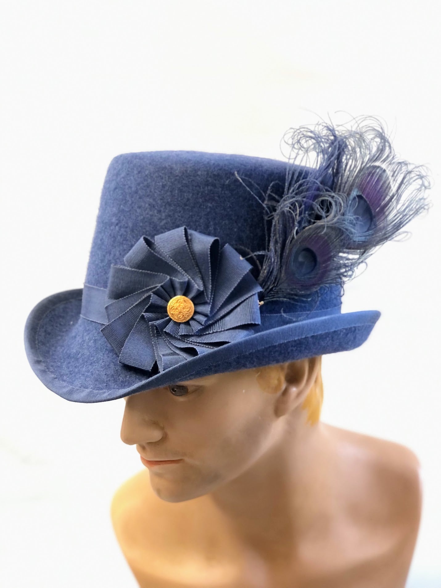 "Sussex Renaissance" Felt Tall Hat - Hand-Blocked 16th Century Inspired - Deep Navy, Feather & Ribbon Artistry, Historical Cosplay, Distinguished Style