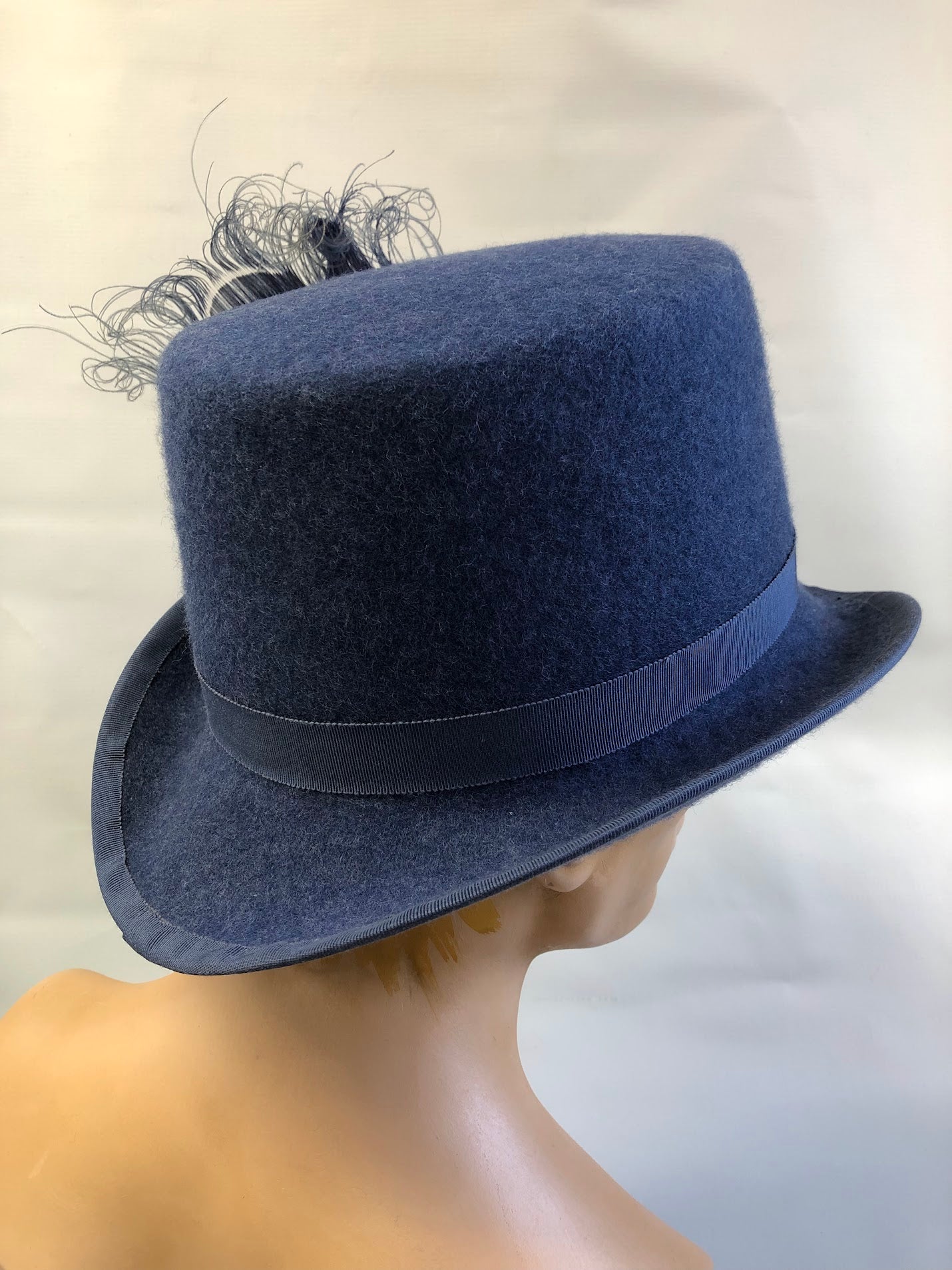 "Sussex Renaissance" Felt Tall Hat - Hand-Blocked 16th Century Inspired - Deep Navy, Feather & Ribbon Artistry, Historical Cosplay, Distinguished Style