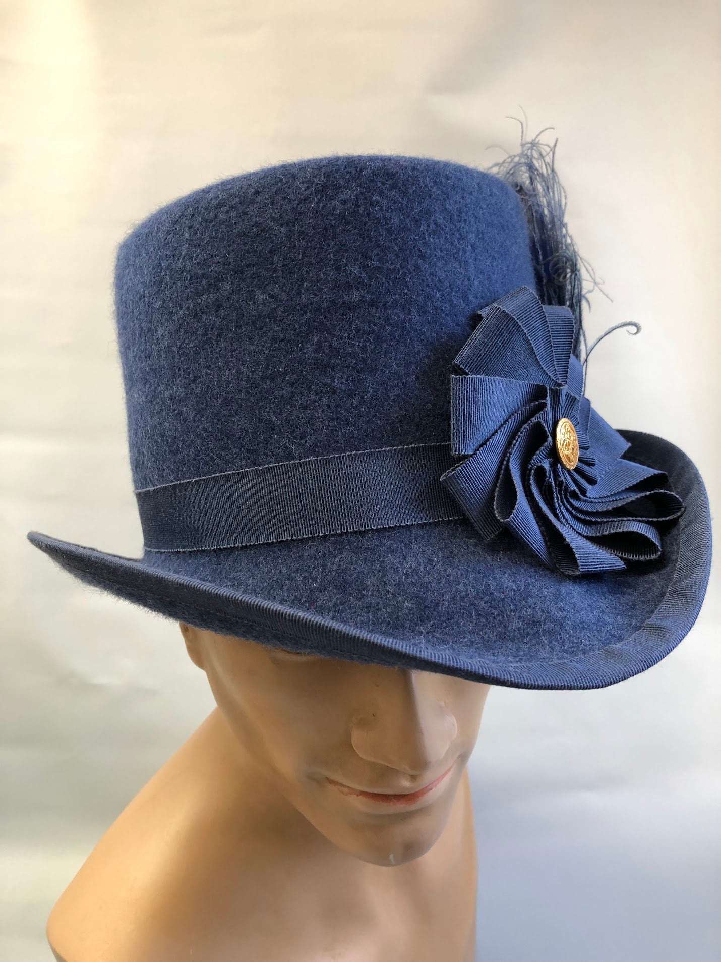 "Sussex Renaissance" Felt Tall Hat - Hand-Blocked 16th Century Inspired - Deep Navy, Feather & Ribbon Artistry, Historical Cosplay, Distinguished Style