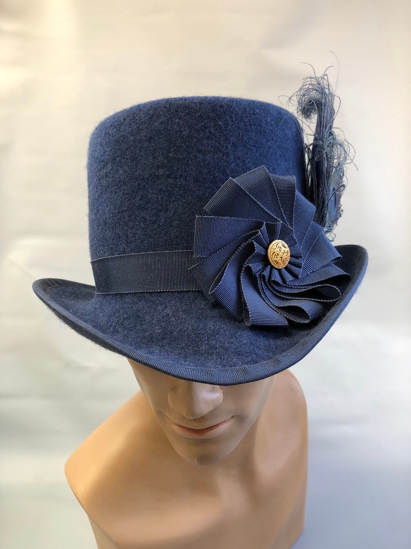 "Sussex Renaissance" Felt Tall Hat - Hand-Blocked 16th Century Inspired - Deep Navy, Feather & Ribbon Artistry, Historical Cosplay, Distinguished Style