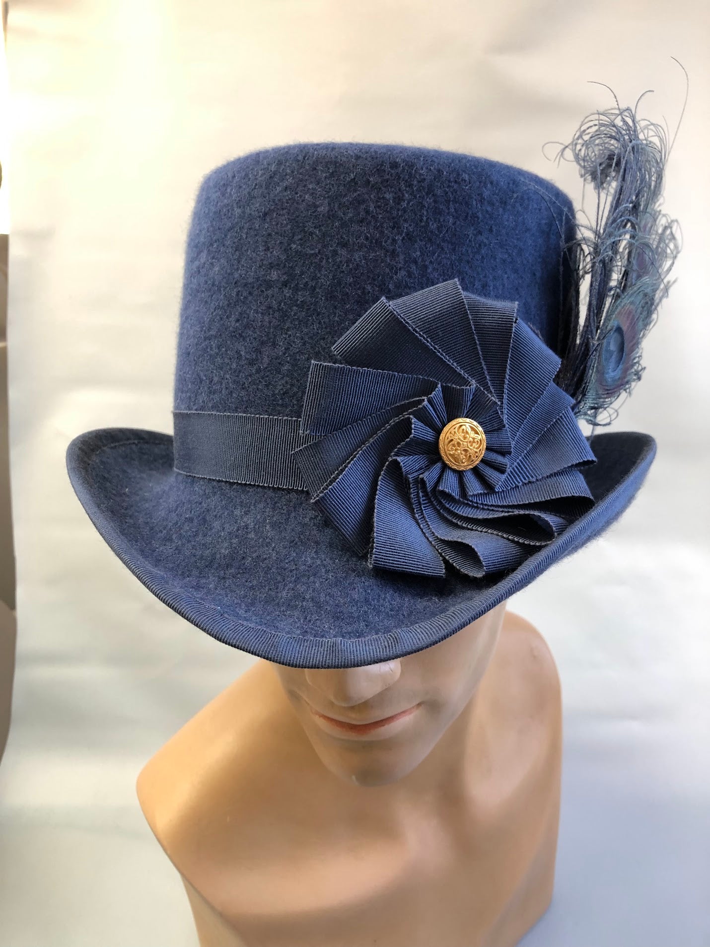 "Sussex Renaissance" Felt Tall Hat - Hand-Blocked 16th Century Inspired - Deep Navy, Feather & Ribbon Artistry, Historical Cosplay, Distinguished Style
