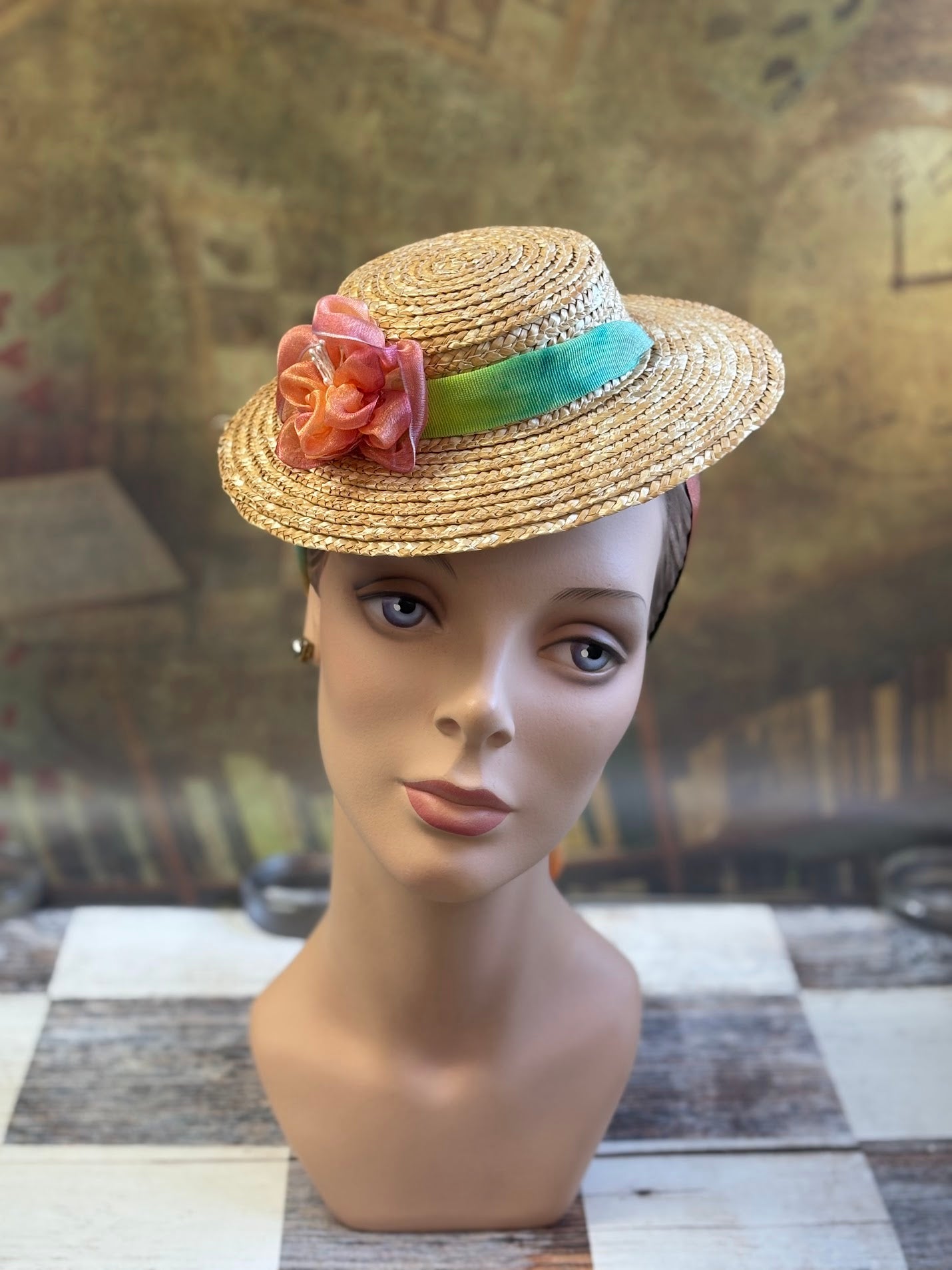 Vintage Inspired Straw Hat with Ombre Ribbon and Silk Flower Trim
