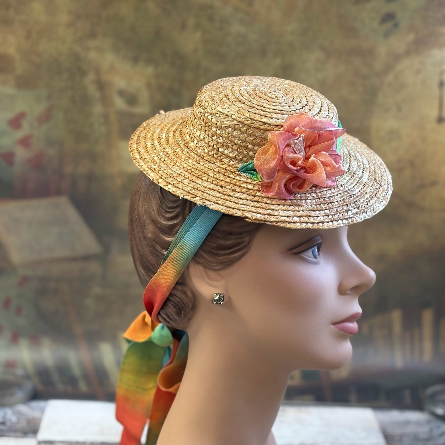 Vintage Inspired Straw Hat with Ombre Ribbon and Silk Flower Trim