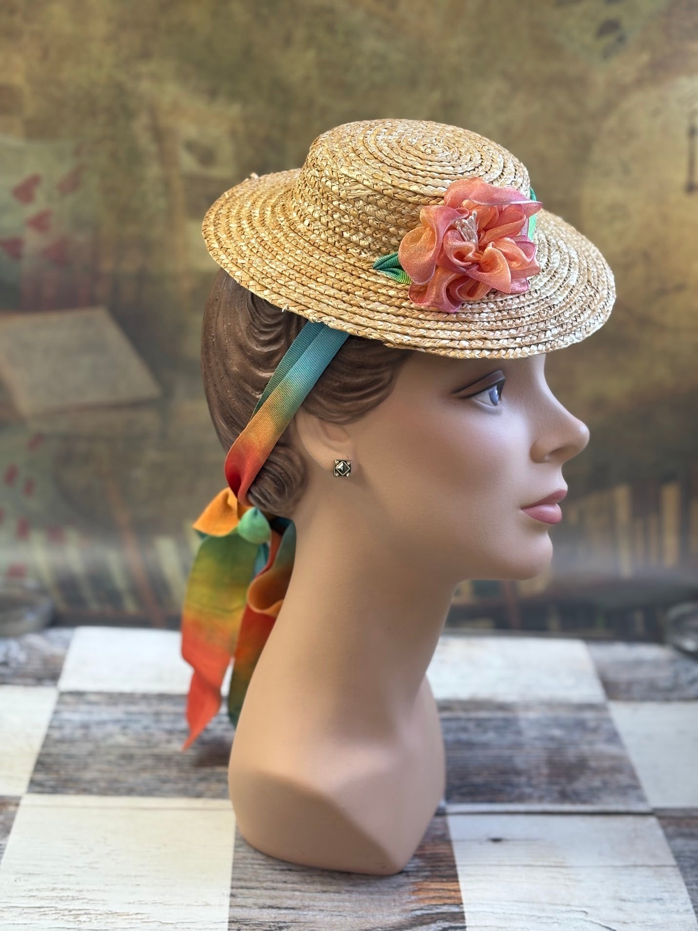 Vintage Inspired Straw Hat with Ombre Ribbon and Silk Flower Trim
