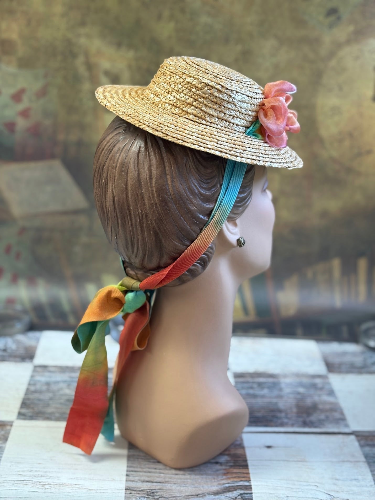 Vintage Inspired Straw Hat with Ombre Ribbon and Silk Flower Trim
