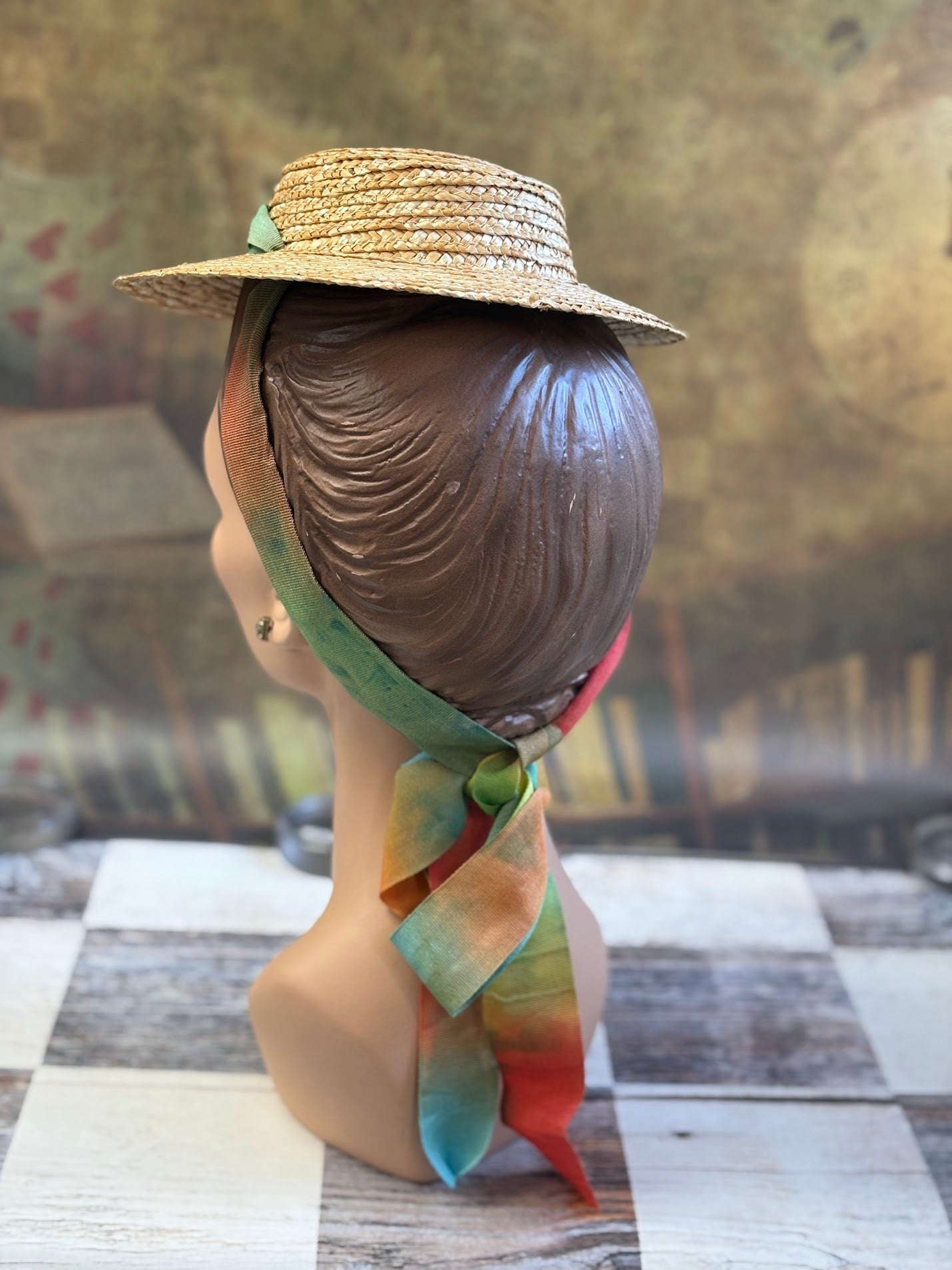 Vintage Inspired Straw Hat with Ombre Ribbon and Silk Flower Trim