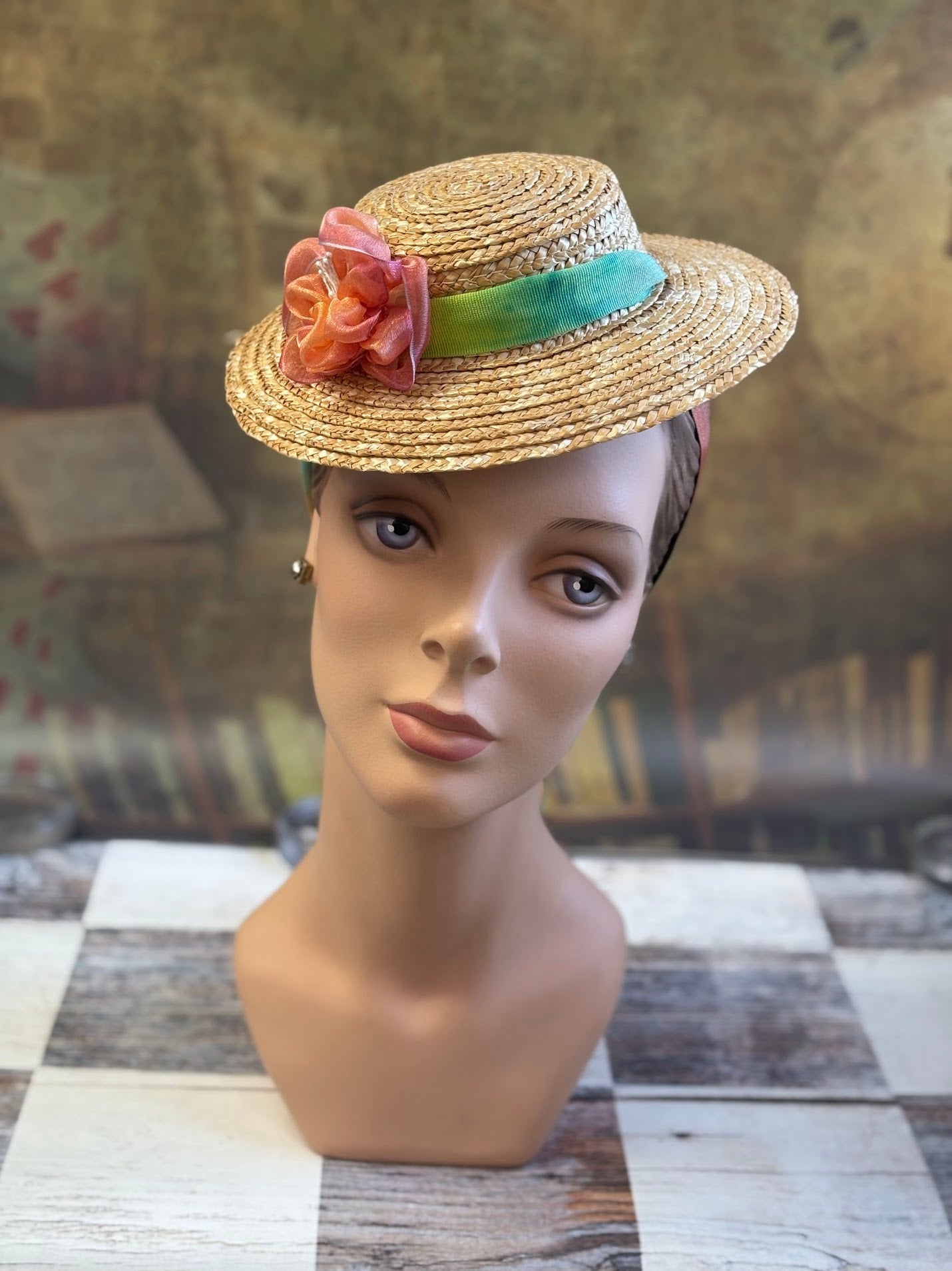 Vintage Inspired Straw Hat with Ombre Ribbon and Silk Flower Trim