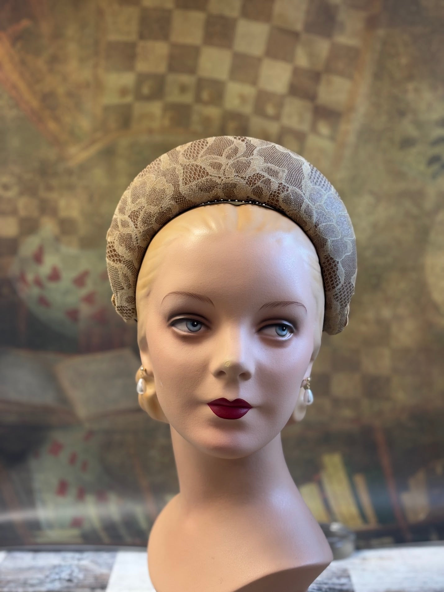 Hand-Blocked "Queen Mary" French Hood Inspired Fascinator - 16th Century Style, Floral Leather and Embroidered Lace - Renaissance Faire, Elegant Historical Attire