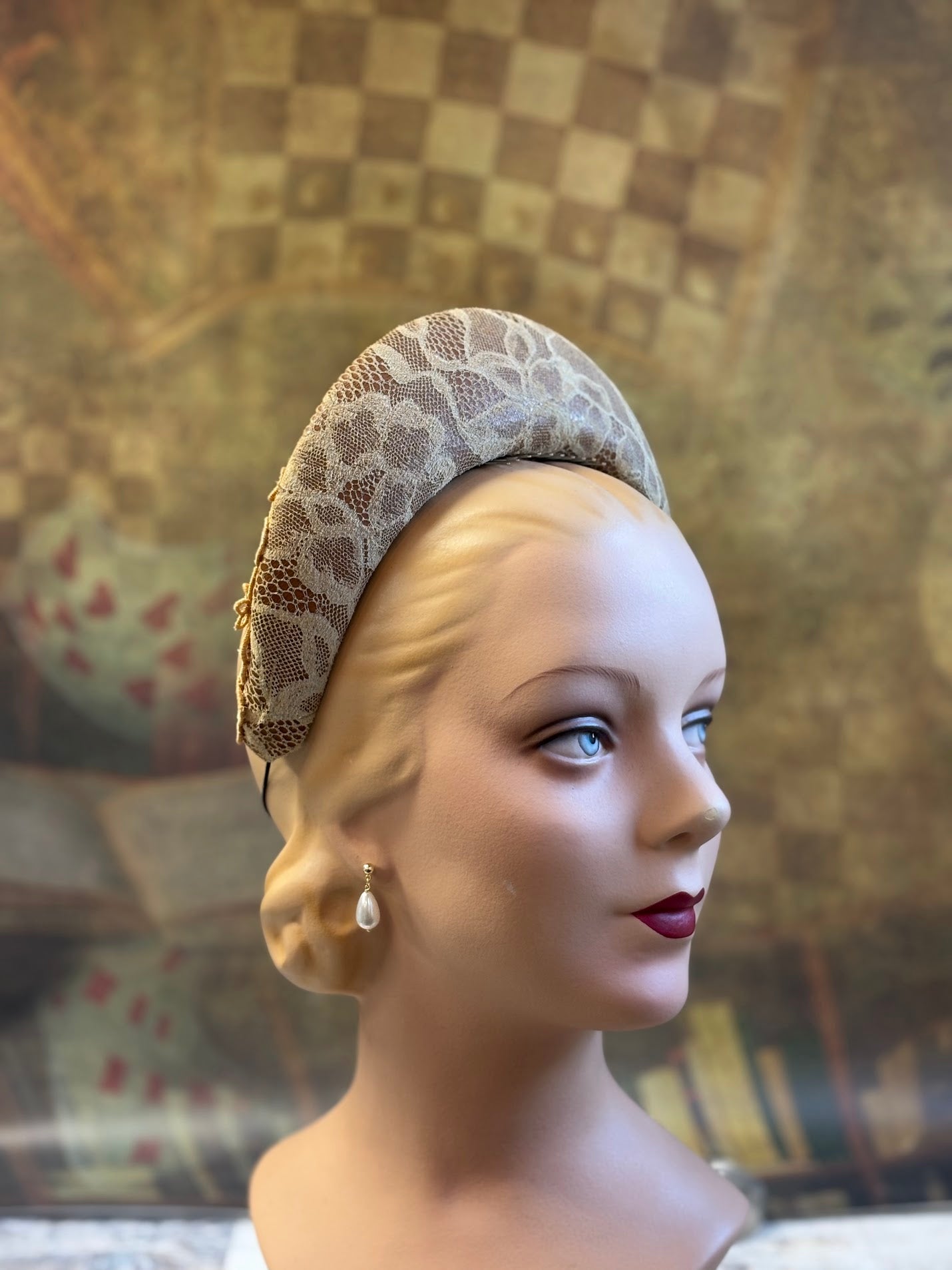 Hand-Blocked "Queen Mary" French Hood Inspired Fascinator - 16th Century Style, Floral Leather and Embroidered Lace - Renaissance Faire, Elegant Historical Attire