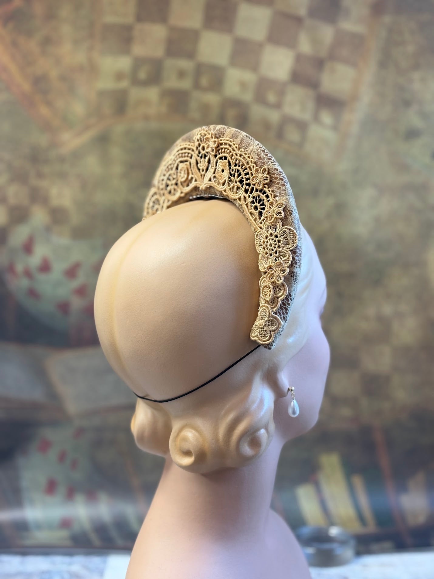 Hand-Blocked "Queen Mary" French Hood Inspired Fascinator - 16th Century Style, Floral Leather and Embroidered Lace - Renaissance Faire, Elegant Historical Attire