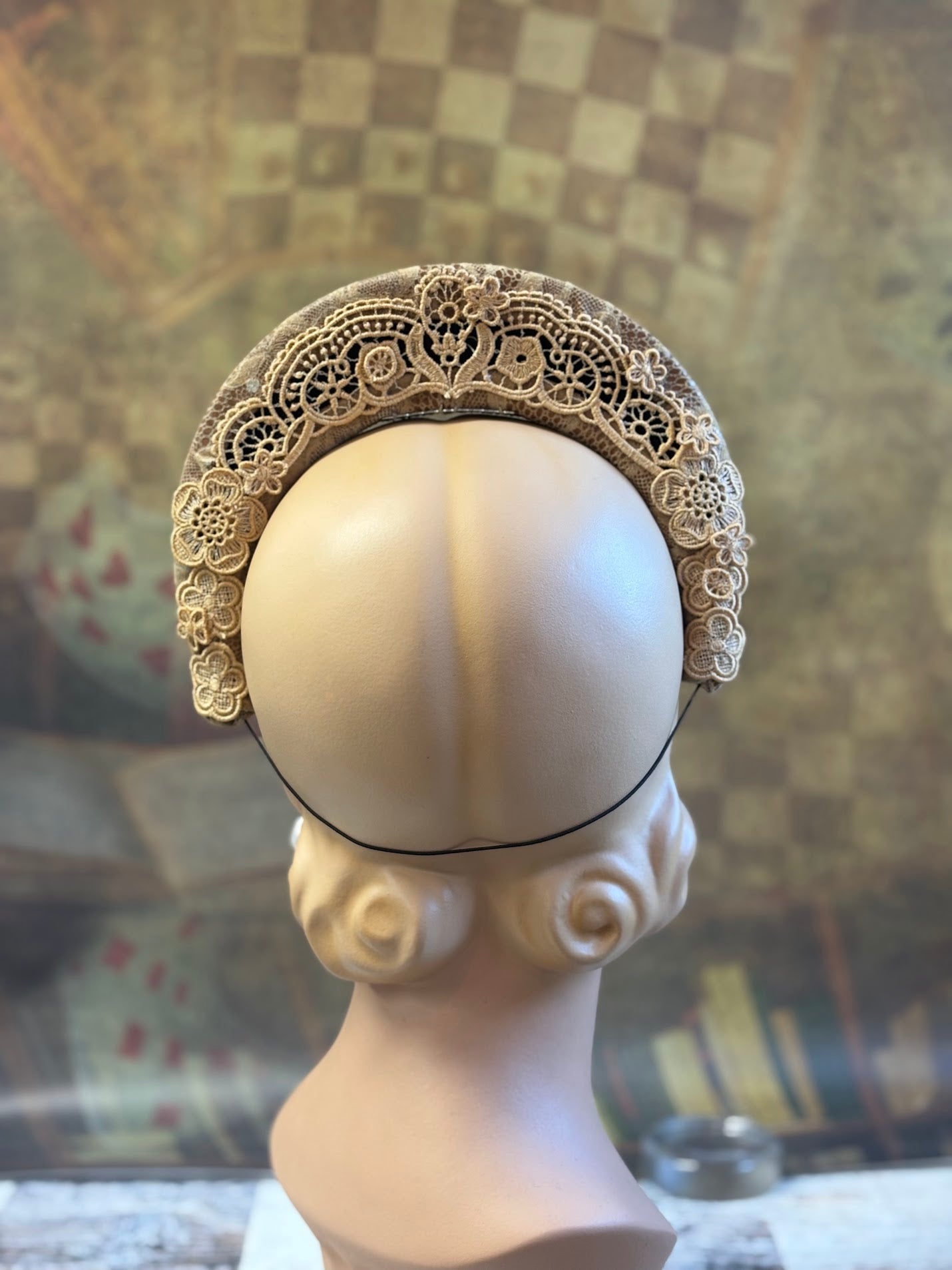 Hand-Blocked "Queen Mary" French Hood Inspired Fascinator - 16th Century Style, Floral Leather and Embroidered Lace - Renaissance Faire, Elegant Historical Attire