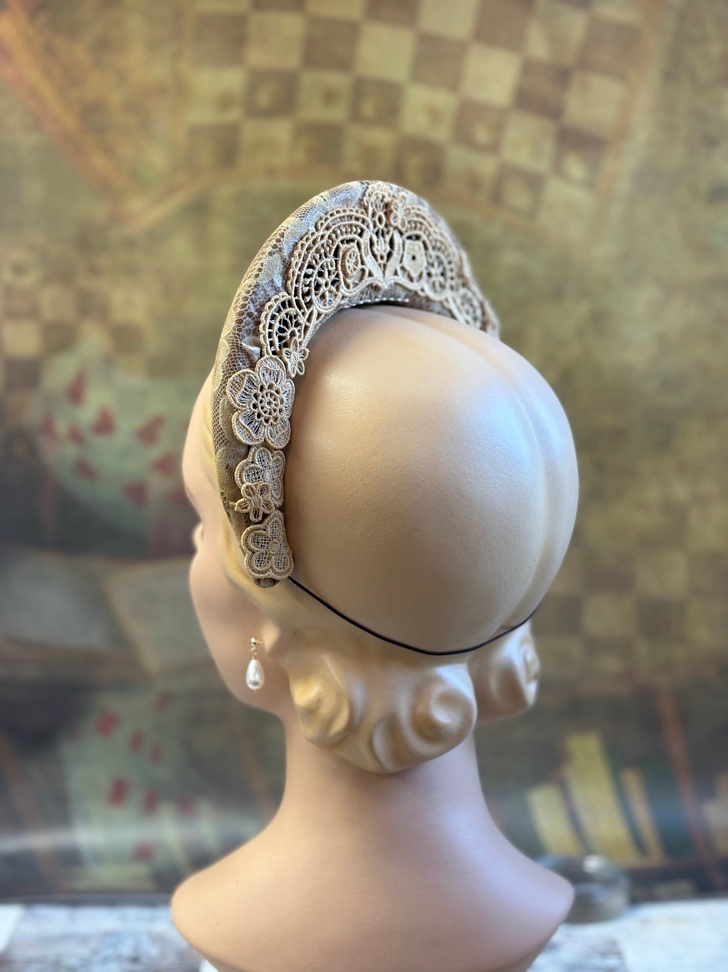 Hand-Blocked "Queen Mary" French Hood Inspired Fascinator - 16th Century Style, Floral Leather and Embroidered Lace - Renaissance Faire, Elegant Historical Attire
