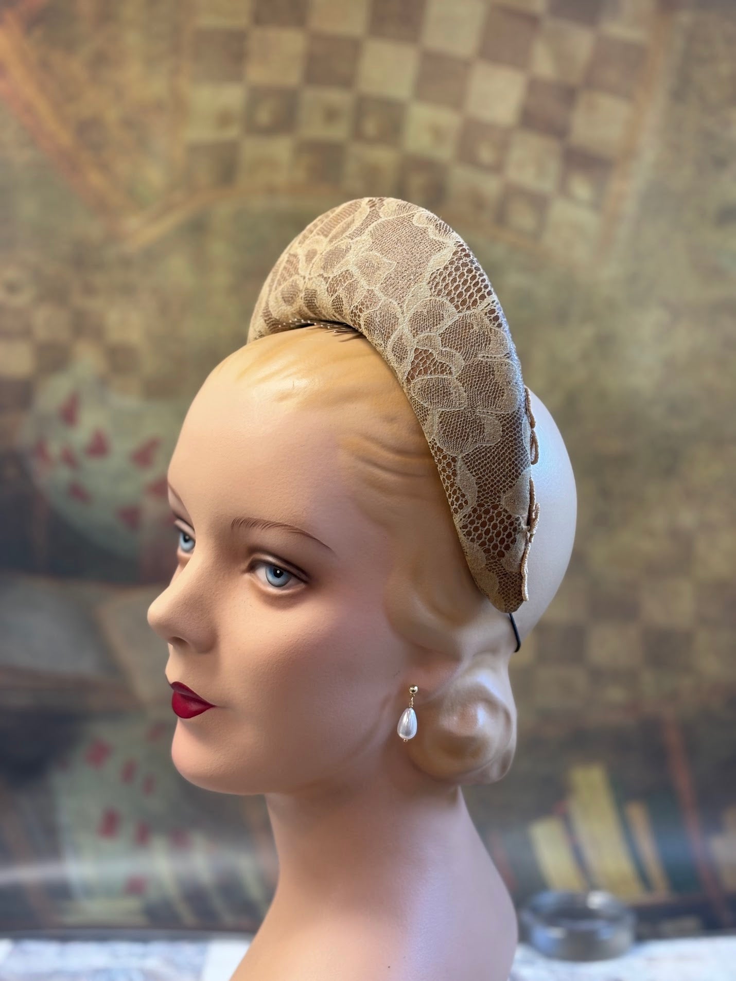 Hand-Blocked "Queen Mary" French Hood Inspired Fascinator - 16th Century Style, Floral Leather and Embroidered Lace - Renaissance Faire, Elegant Historical Attire