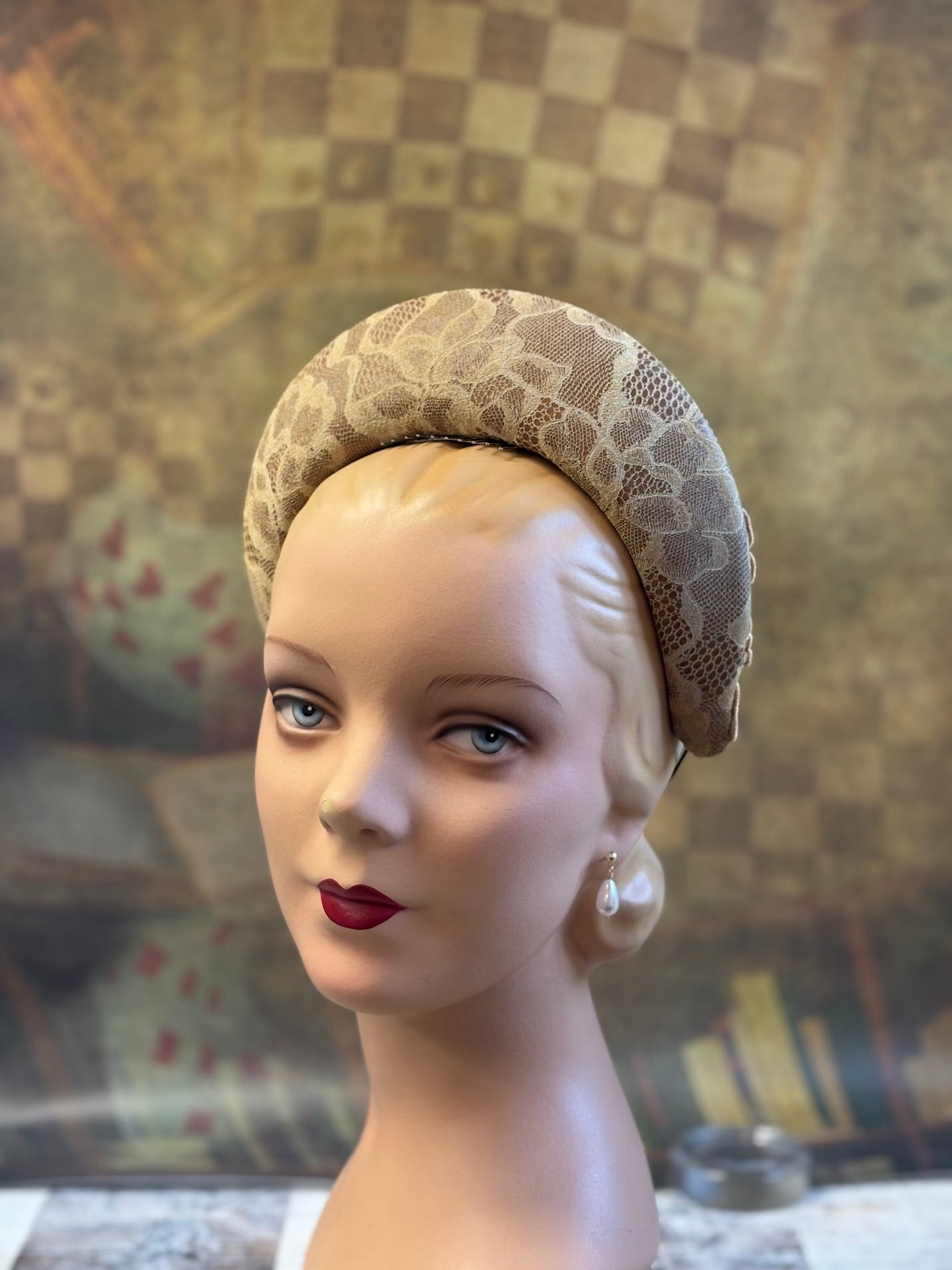 Hand-Blocked "Queen Mary" French Hood Inspired Fascinator - 16th Century Style, Floral Leather and Embroidered Lace - Renaissance Faire, Elegant Historical Attire