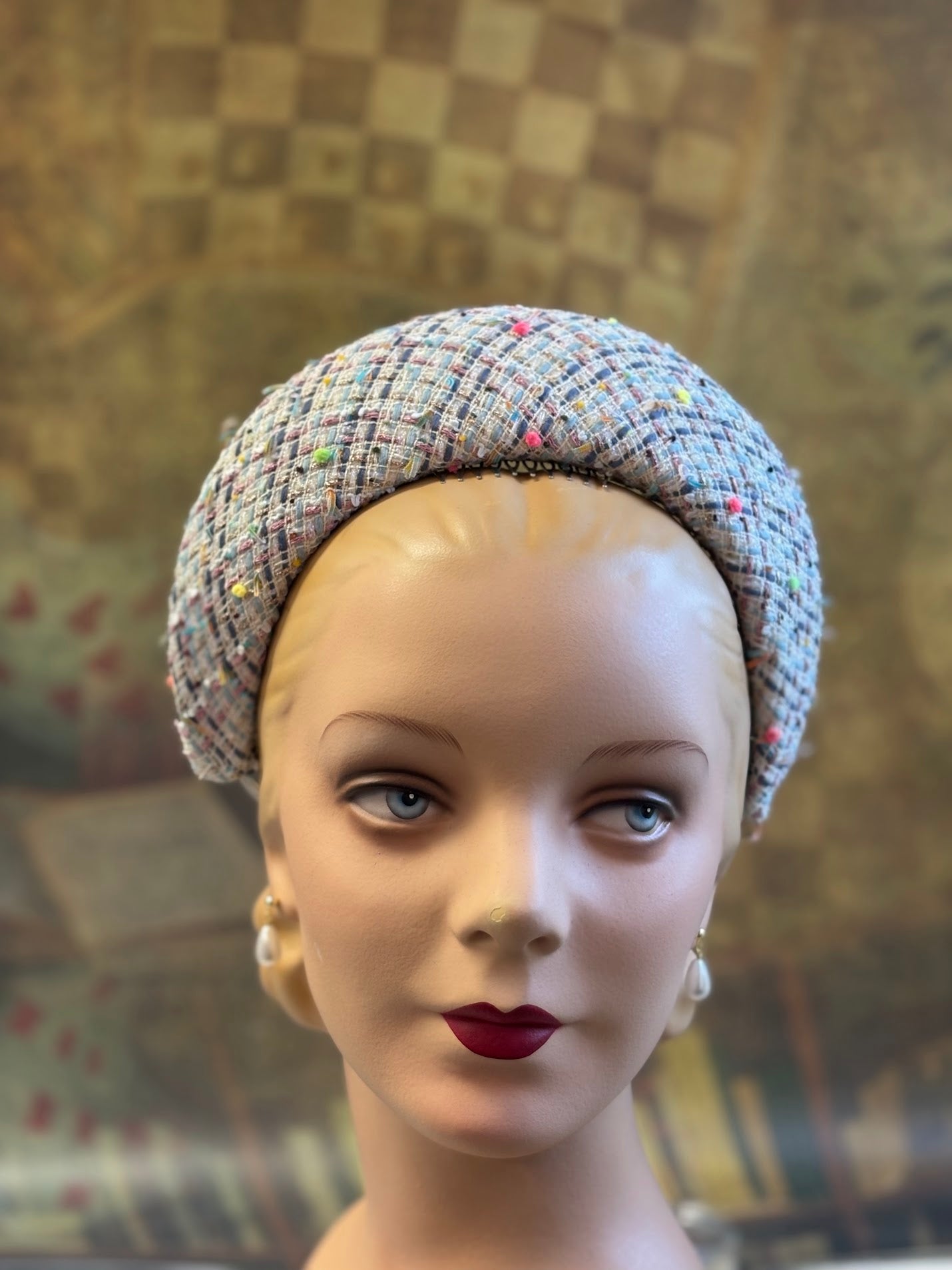 Hand-Blocked "Queen Mary" French Hood Inspired Fascinator - Multi-Color Designer Bouclé - Renaissance Faire, Unique Style, Modern Historical Twist
