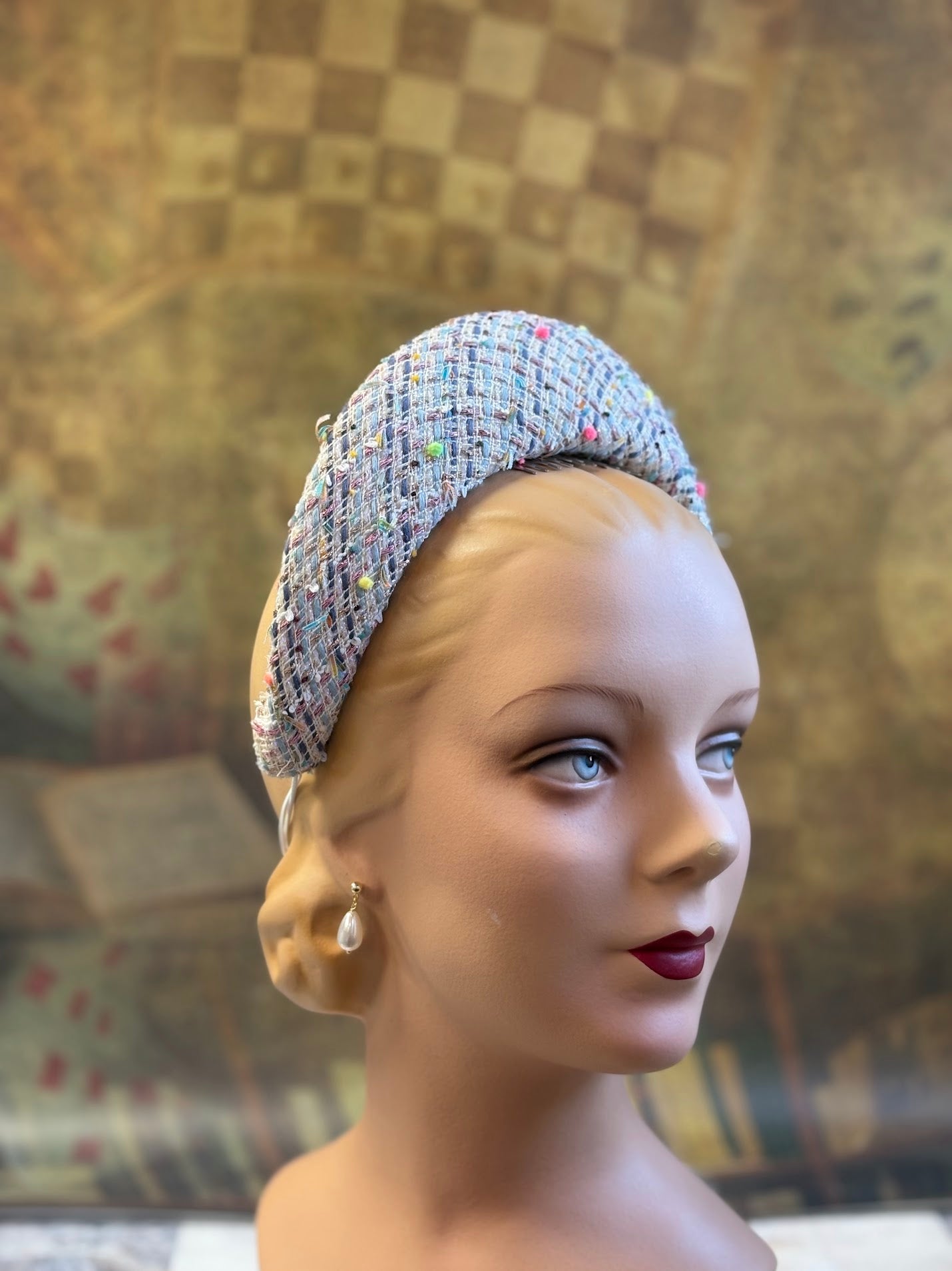 Hand-Blocked "Queen Mary" French Hood Inspired Fascinator - Multi-Color Designer Bouclé - Renaissance Faire, Unique Style, Modern Historical Twist