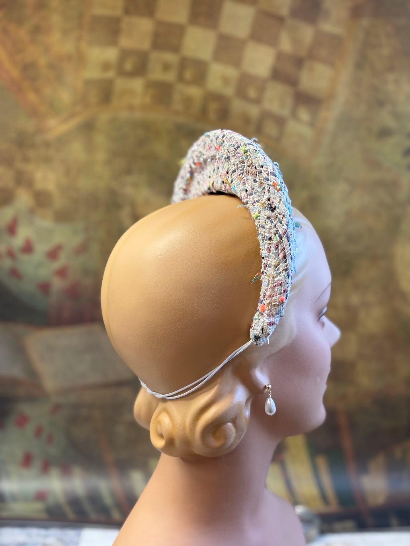 Hand-Blocked "Queen Mary" French Hood Inspired Fascinator - Multi-Color Designer Bouclé - Renaissance Faire, Unique Style, Modern Historical Twist