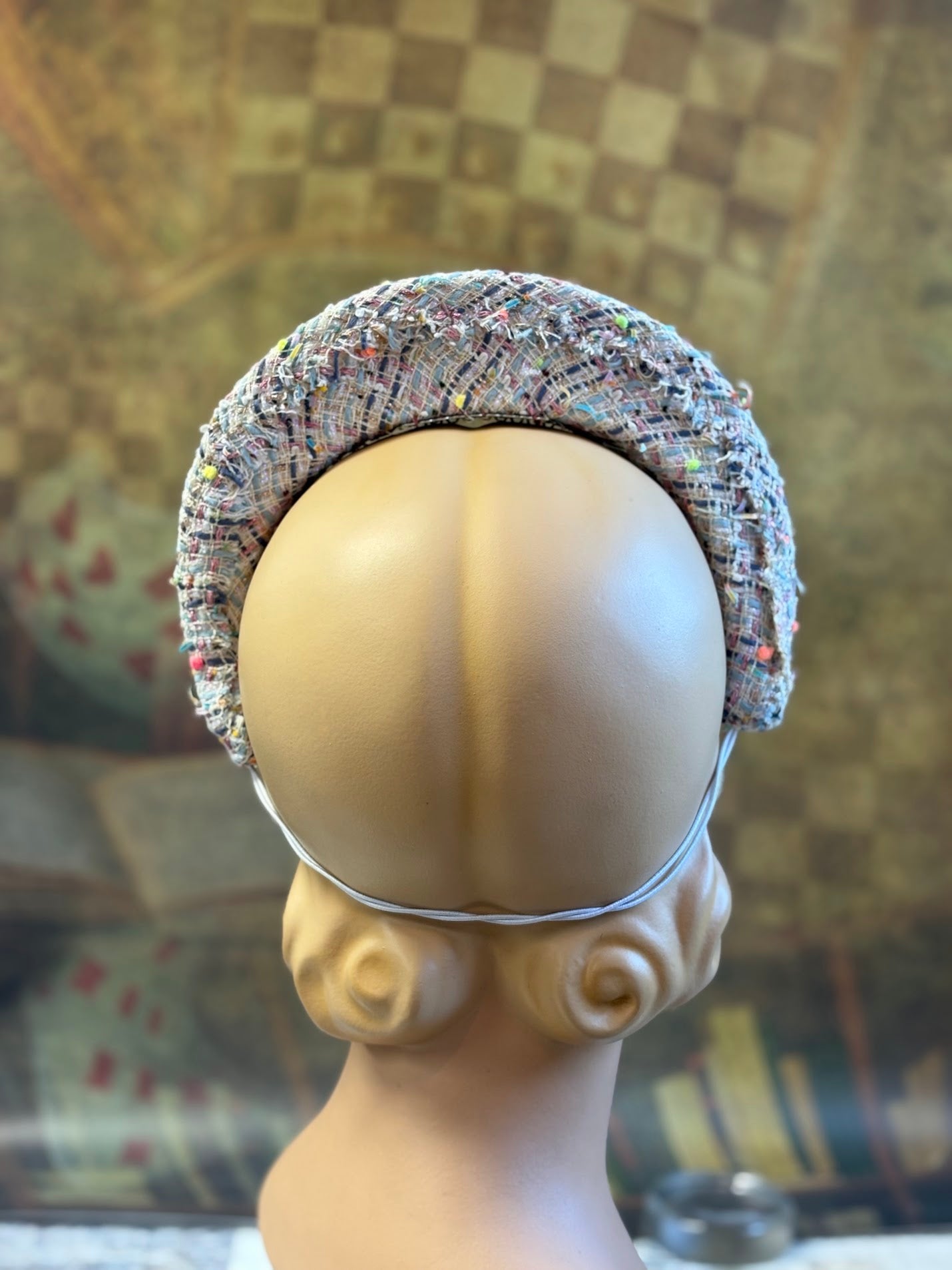 Hand-Blocked "Queen Mary" French Hood Inspired Fascinator - Multi-Color Designer Bouclé - Renaissance Faire, Unique Style, Modern Historical Twist