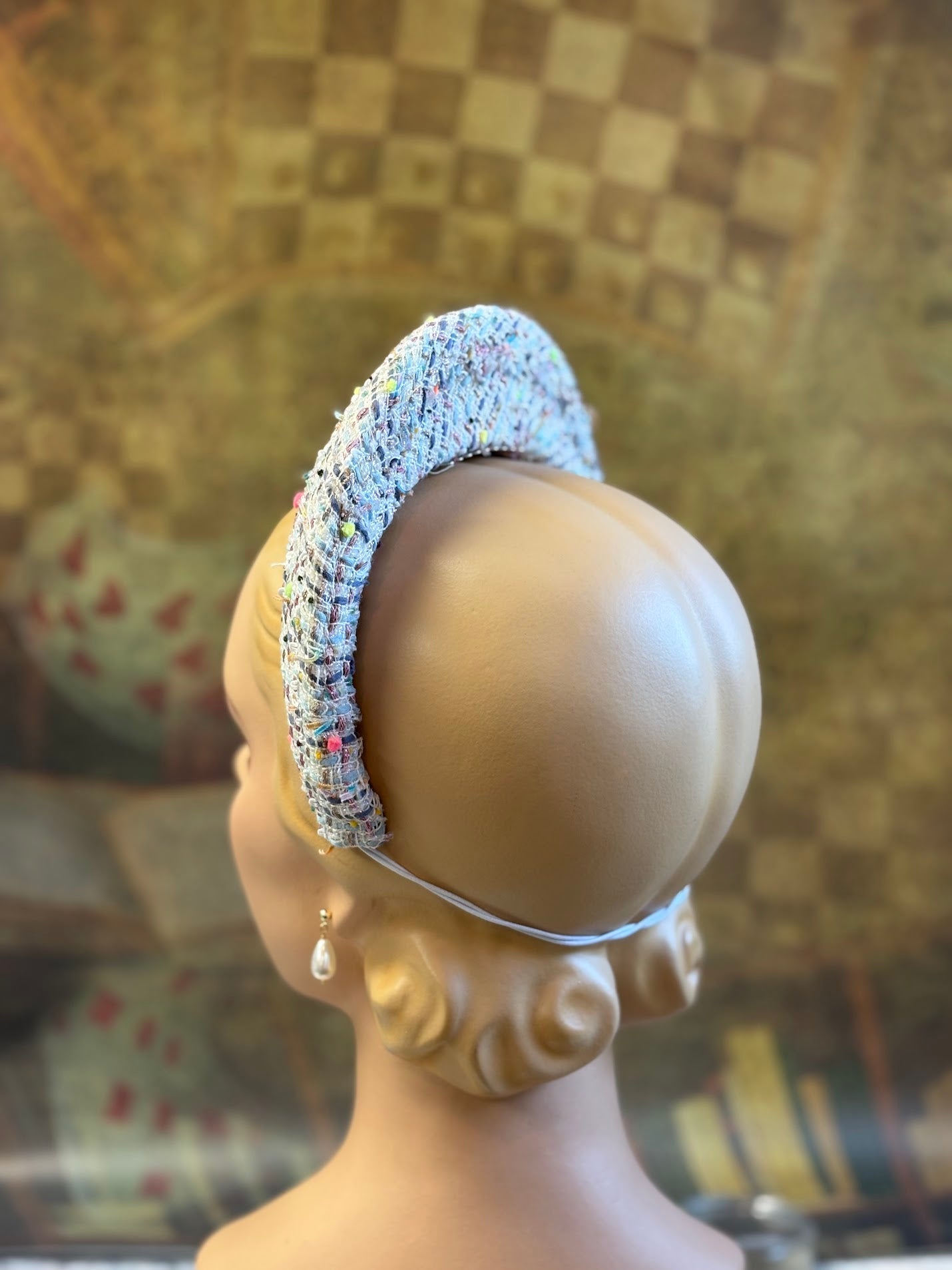 Hand-Blocked "Queen Mary" French Hood Inspired Fascinator - Multi-Color Designer Bouclé - Renaissance Faire, Unique Style, Modern Historical Twist