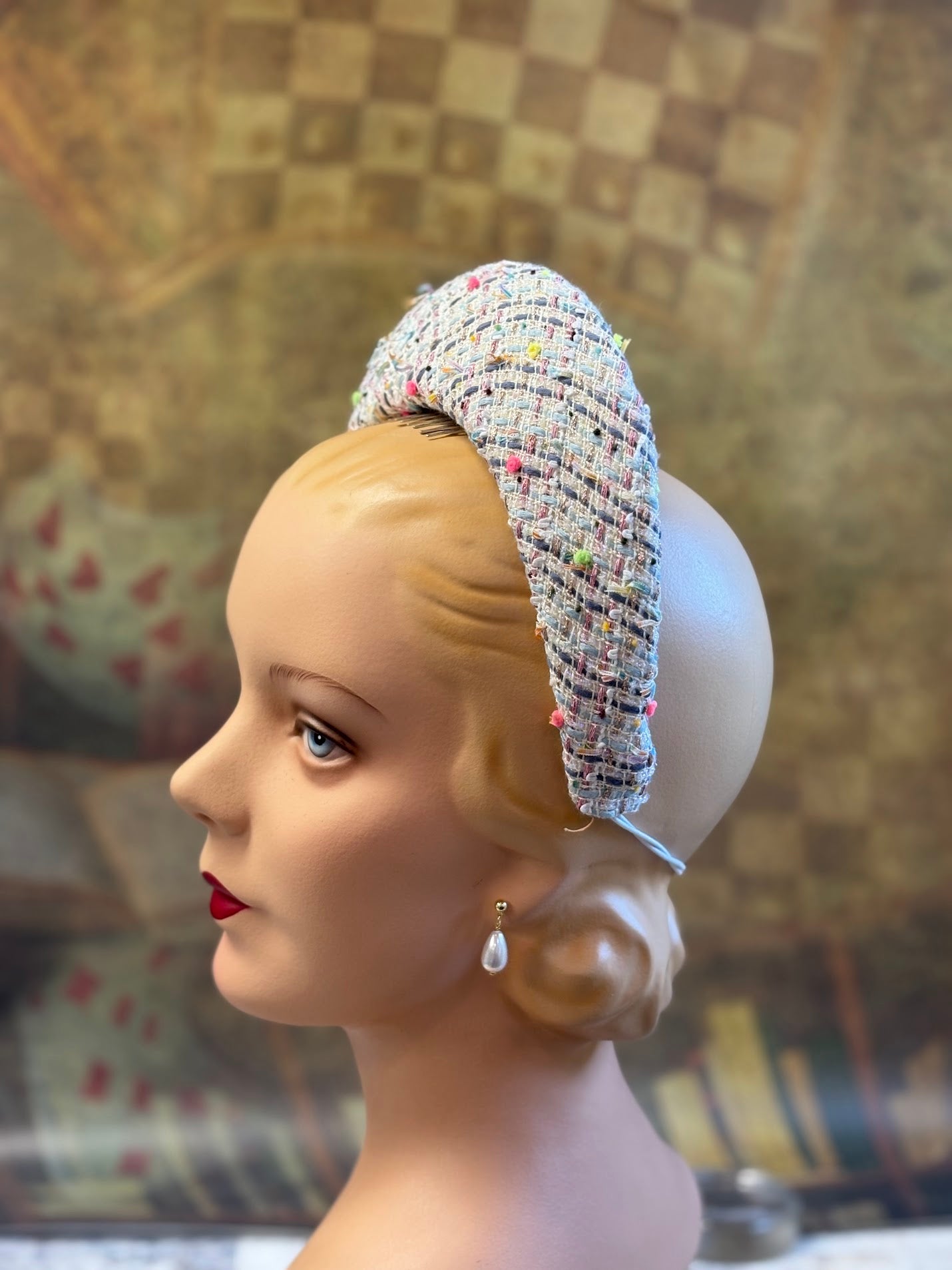 Hand-Blocked "Queen Mary" French Hood Inspired Fascinator - Multi-Color Designer Bouclé - Renaissance Faire, Unique Style, Modern Historical Twist