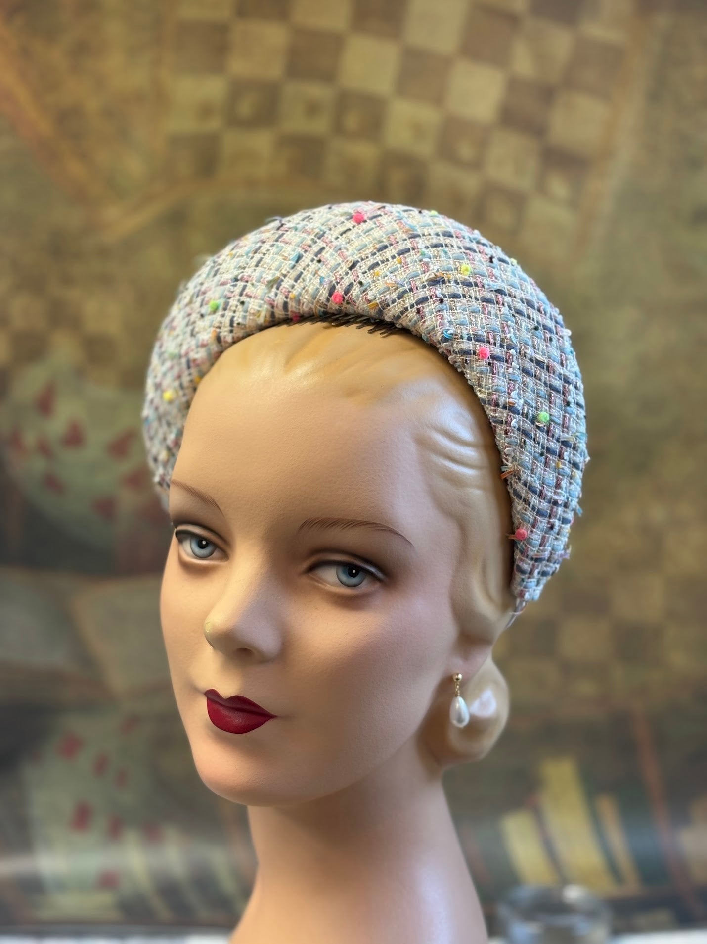 Hand-Blocked "Queen Mary" French Hood Inspired Fascinator - Multi-Color Designer Bouclé - Renaissance Faire, Unique Style, Modern Historical Twist