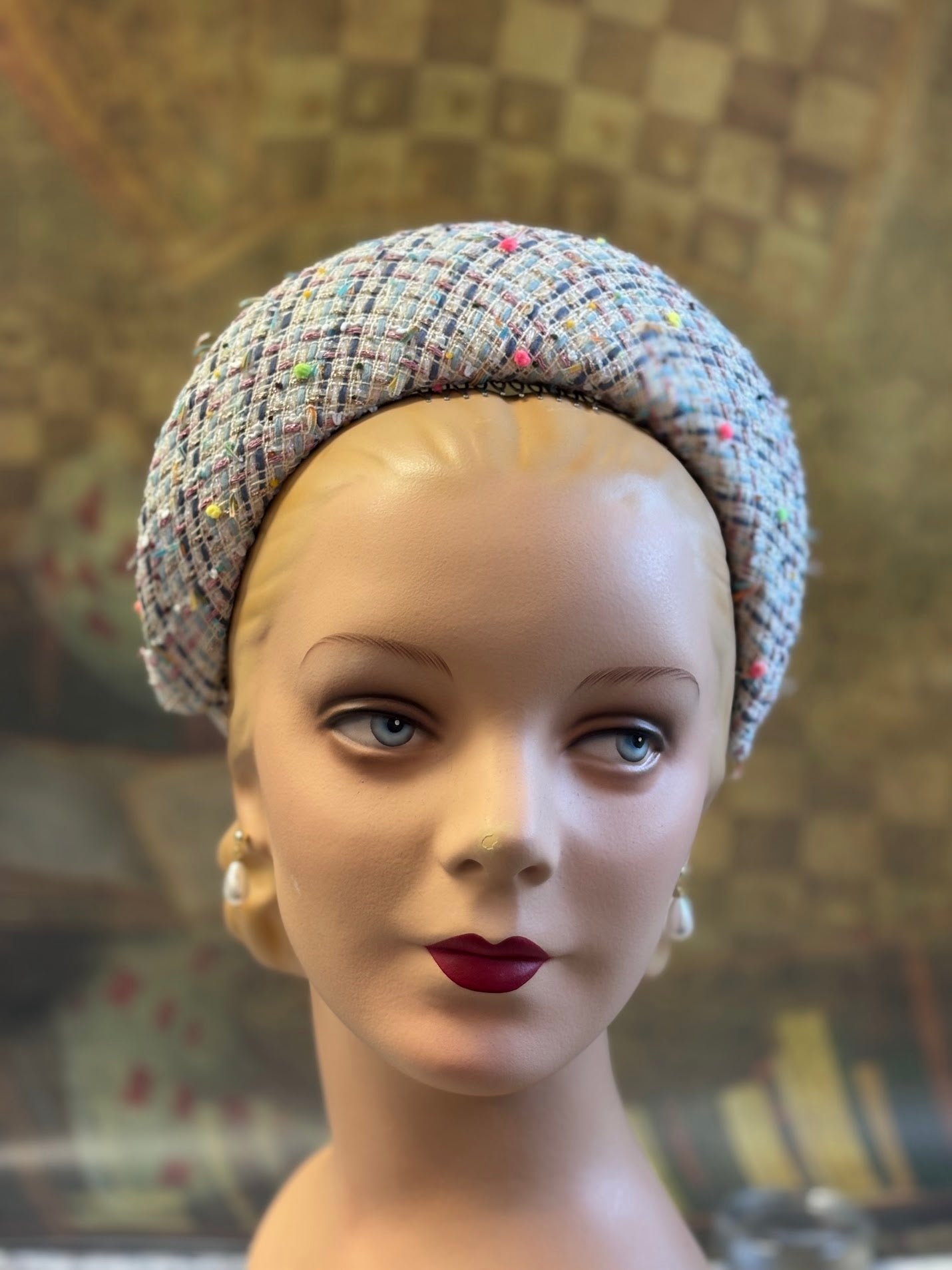 Hand-Blocked "Queen Mary" French Hood Inspired Fascinator - Multi-Color Designer Bouclé - Renaissance Faire, Unique Style, Modern Historical Twist