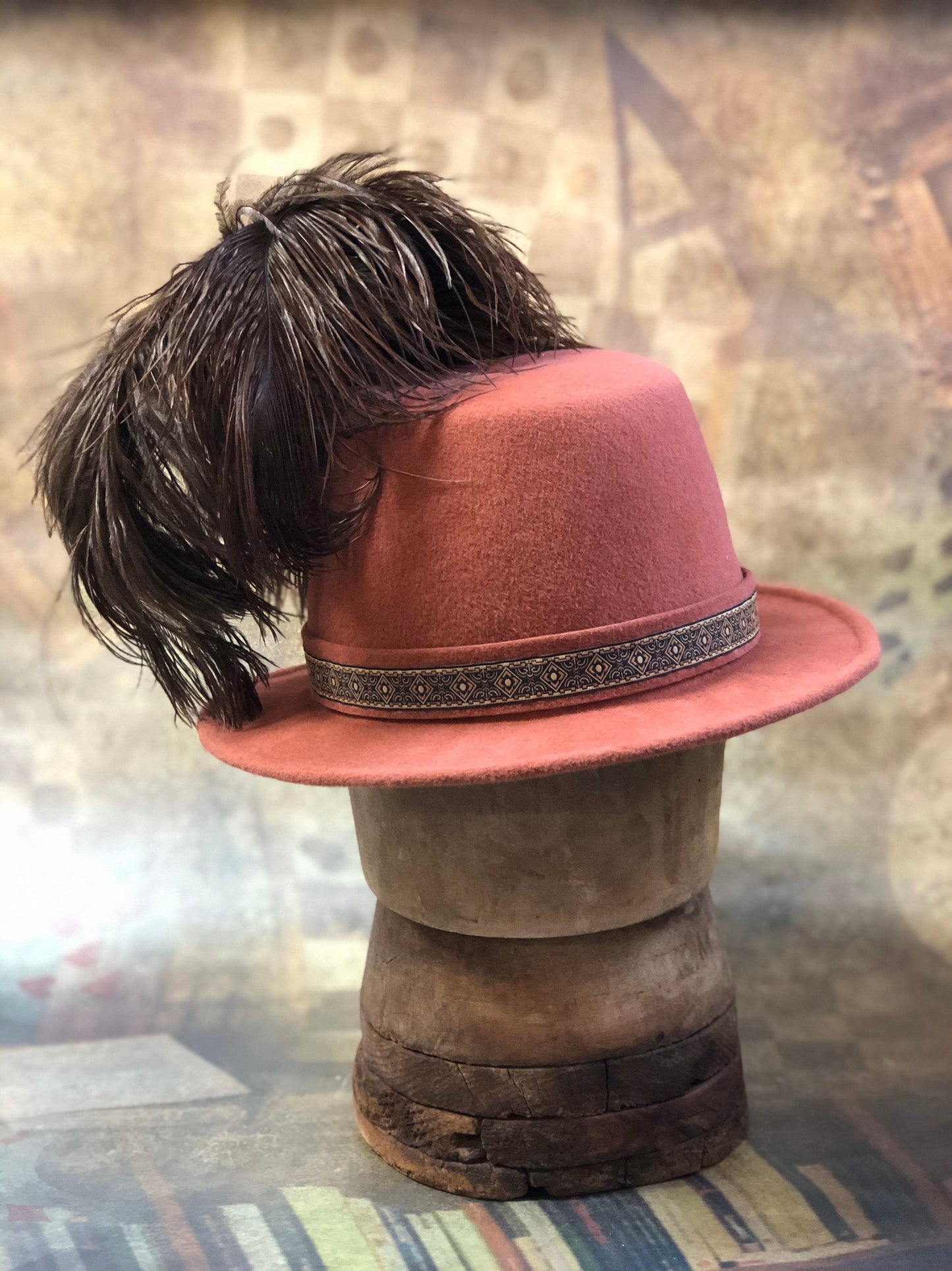 Illyria Hat, Renaissance Hat, Elizabethan Flat Crown Tall Hat in pumpkin spice velour felt with geometric trim - In stock ready to ship