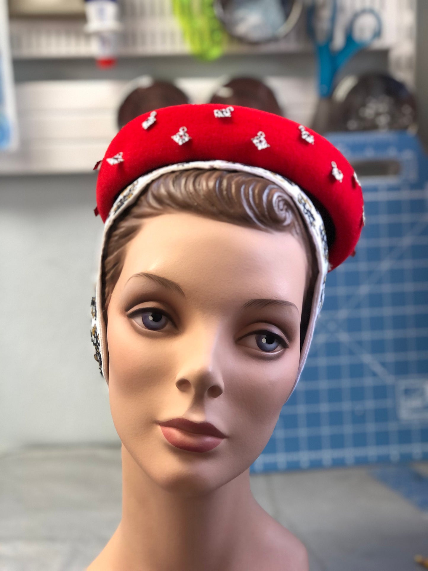 Philippi Tudor Elizabethan Jewel Spangled cap in Red Velour felt - In stock ready to ship