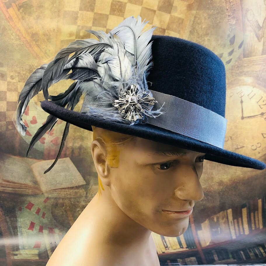 Illyria Hat, Renaissance Hat, Elizabethan Flat Crown Tall Hat in charcoal Wool Felt - In stock ready to ship