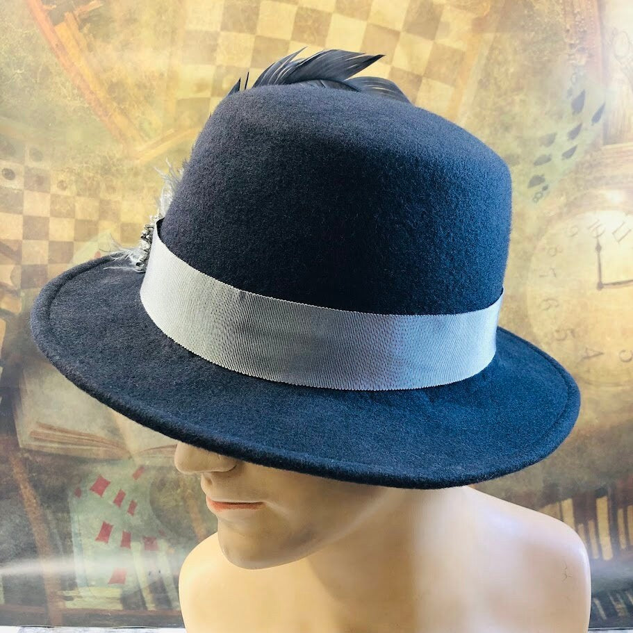 Illyria Hat, Renaissance Hat, Elizabethan Flat Crown Tall Hat in charcoal Wool Felt - In stock ready to ship