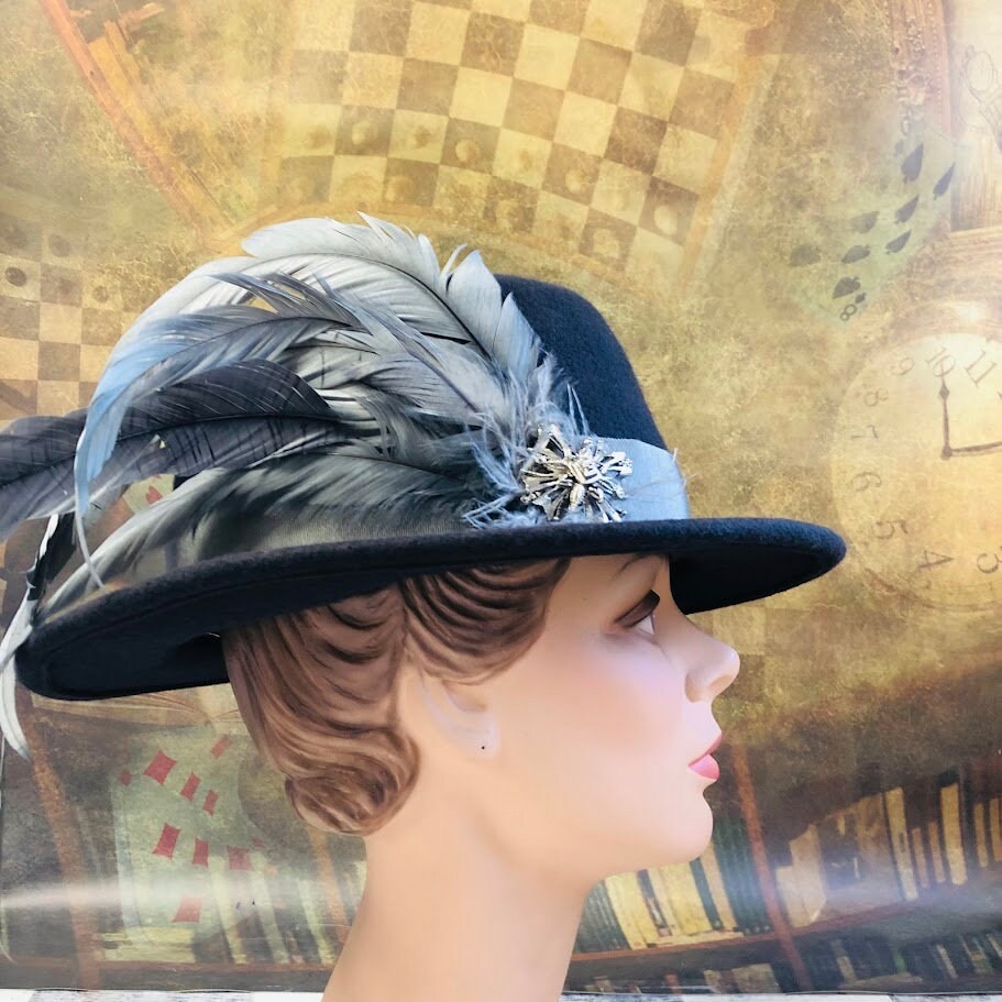 Illyria Hat, Renaissance Hat, Elizabethan Flat Crown Tall Hat in charcoal Wool Felt - In stock ready to ship