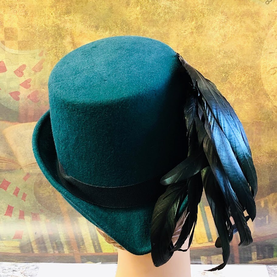 Padua Hat, Elizabethan Renaissance Tall hat in textured teal green wool felt - in stock ready to ship