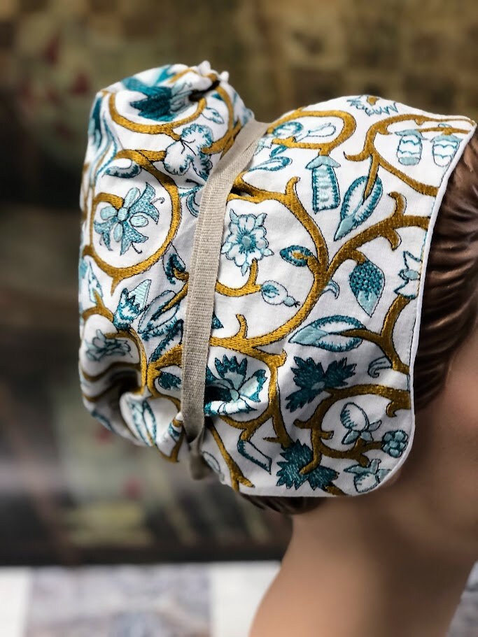 Ocean's Majesty: Gold, Teal, and Aqua Embroidered Coif - In Stock, Ready to Ship