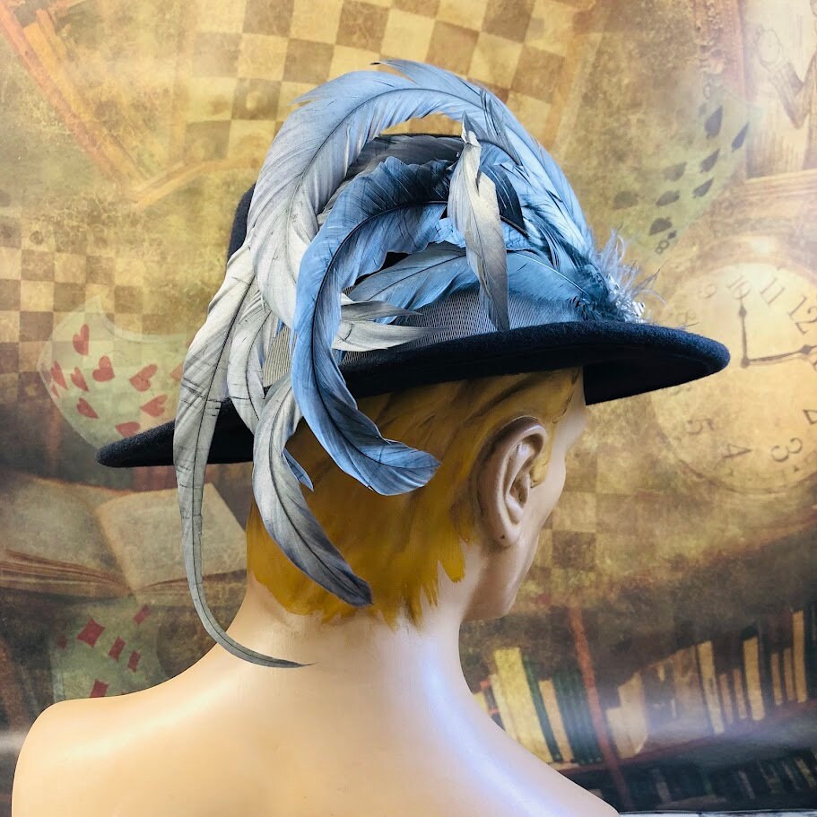 Illyria Hat, Renaissance Hat, Elizabethan Flat Crown Tall Hat in charcoal Wool Felt - In stock ready to ship