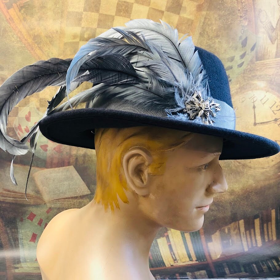 Illyria Hat, Renaissance Hat, Elizabethan Flat Crown Tall Hat in charcoal Wool Felt - In stock ready to ship