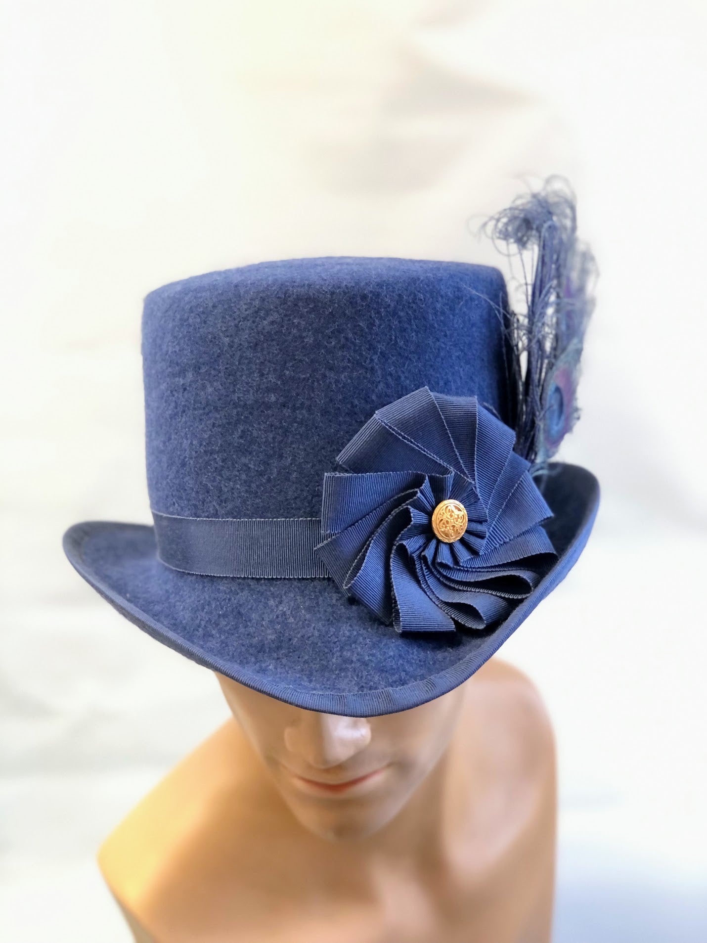"Sussex Renaissance" Felt Tall Hat - Hand-Blocked 16th Century Inspired - Deep Navy, Feather &amp; Ribbon Artistry, Historical Cosplay, Distinguished Style