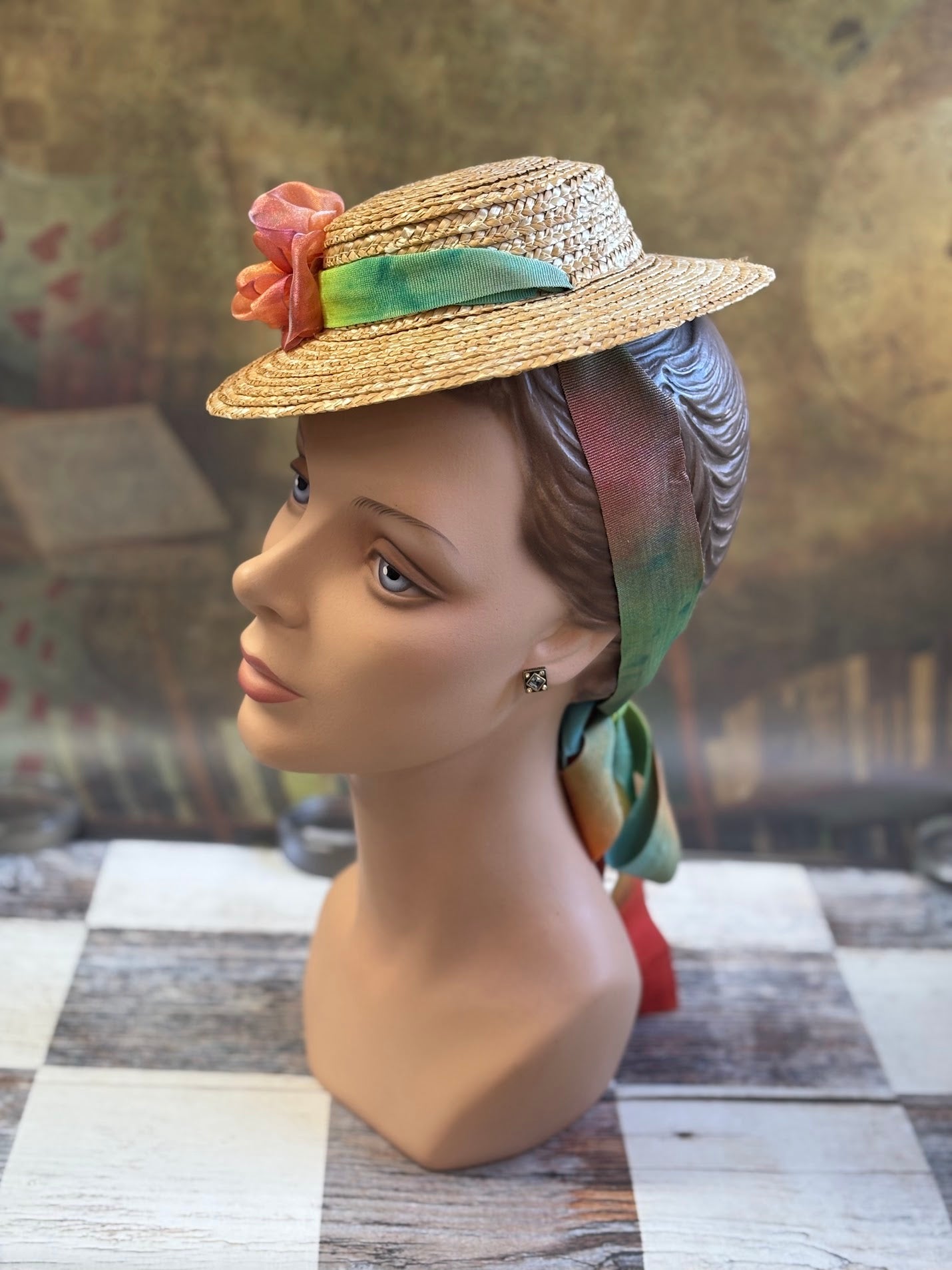 Vintage Inspired Straw Hat with Ombre Ribbon and Silk Flower Trim