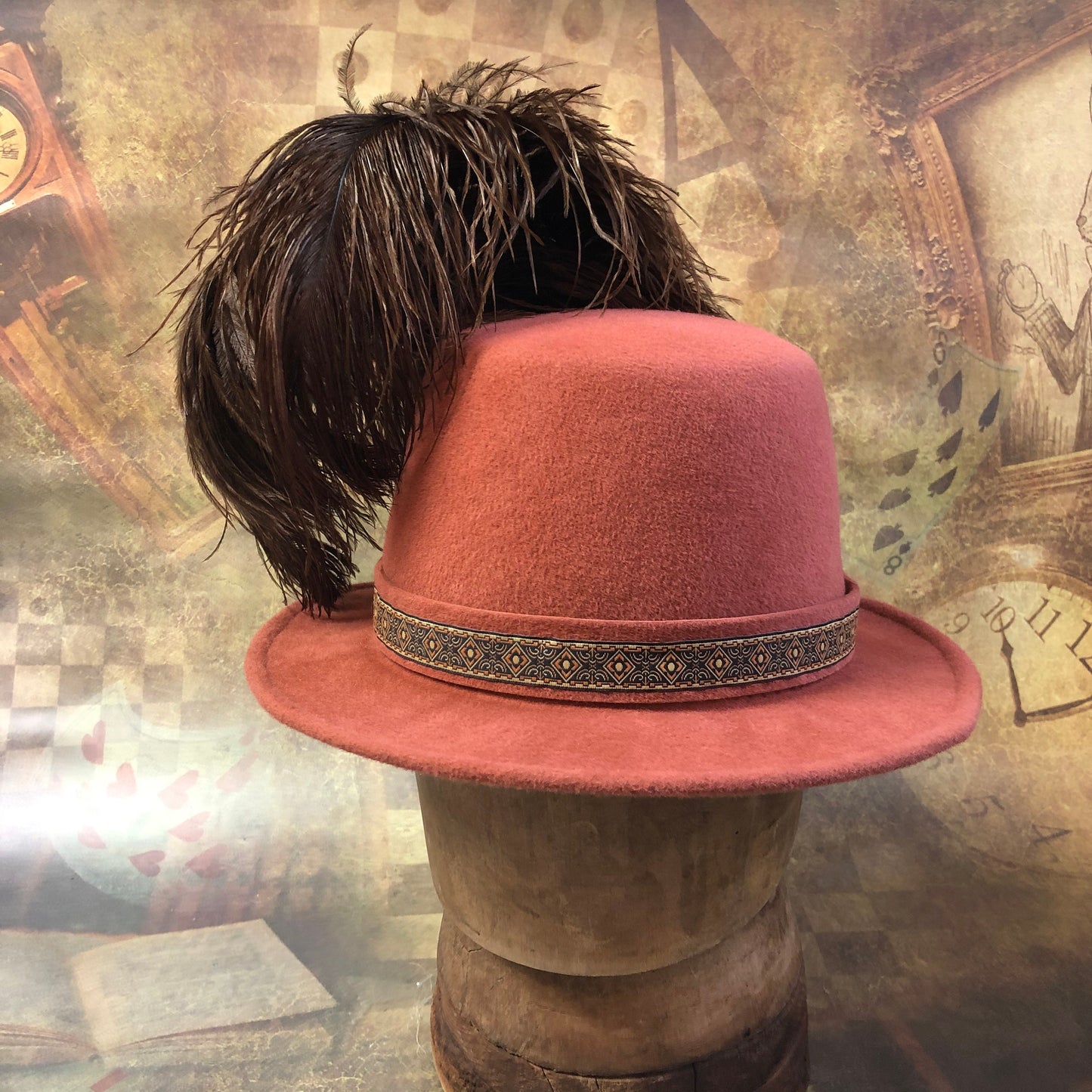 Illyria Hat, Renaissance Hat, Elizabethan Flat Crown Tall Hat in pumpkin spice velour felt with geometric trim - In stock ready to ship