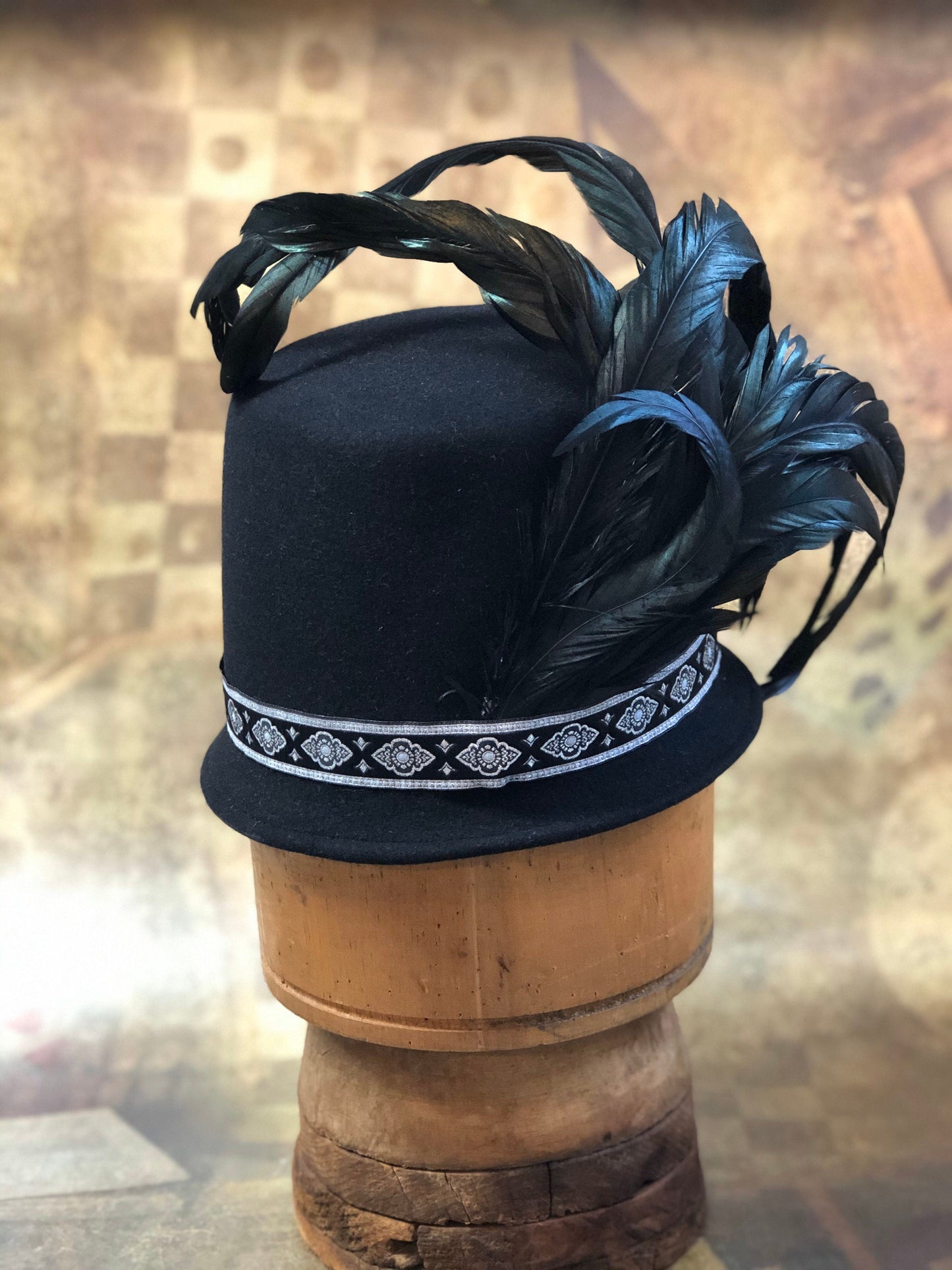 Savoy Hat, Renaissance Hat, Elizabethan Flat Crown Tall Hat in black Felt with metallic silver geometric trim - In stock ready to ship