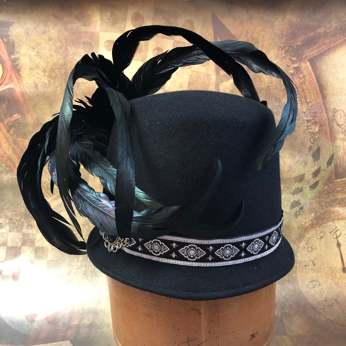 Savoy Hat, Renaissance Hat, Elizabethan Flat Crown Tall Hat in black Felt with metallic silver geometric trim - In stock ready to ship