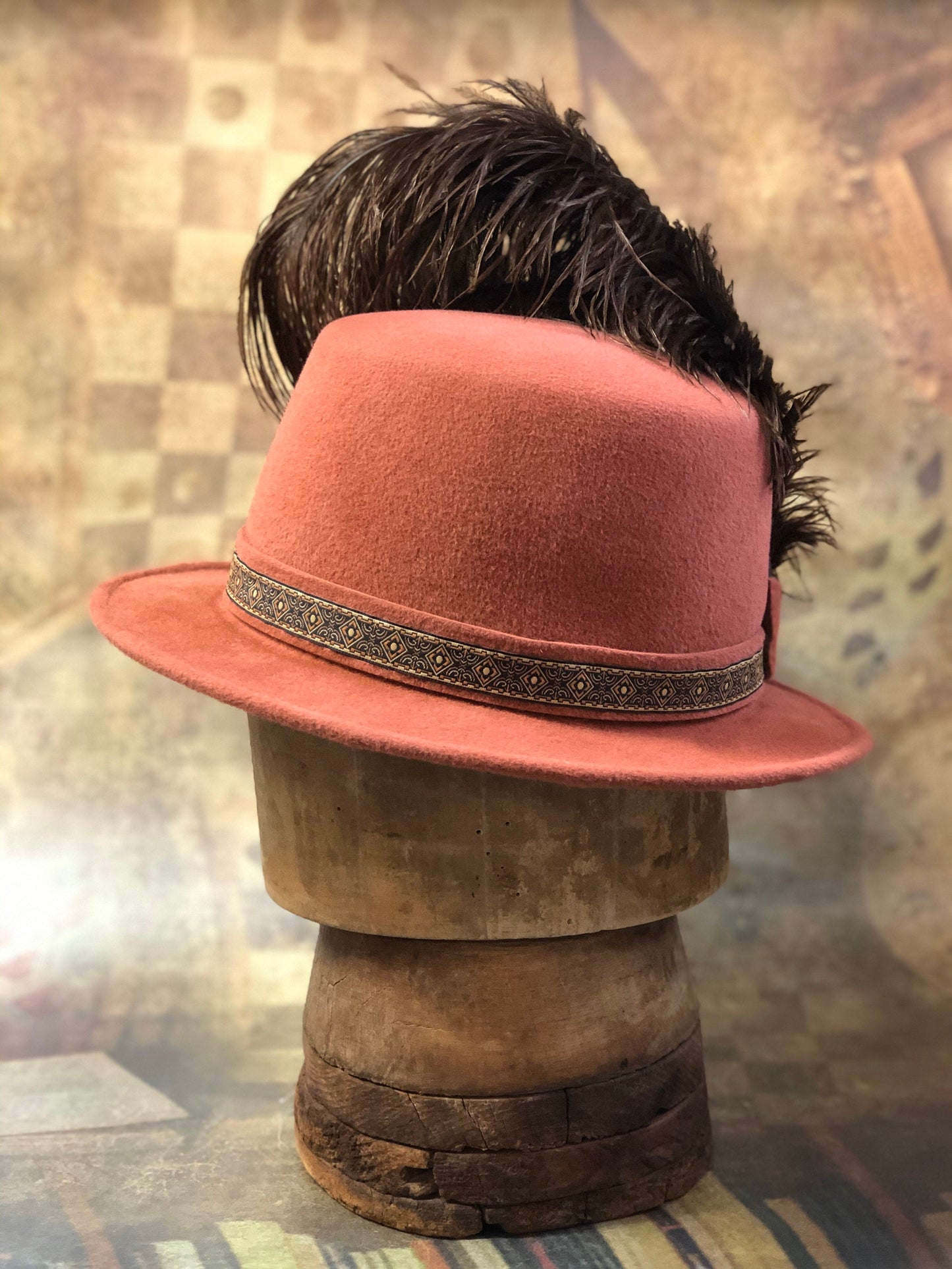 Illyria Hat, Renaissance Hat, Elizabethan Flat Crown Tall Hat in pumpkin spice velour felt with geometric trim - In stock ready to ship