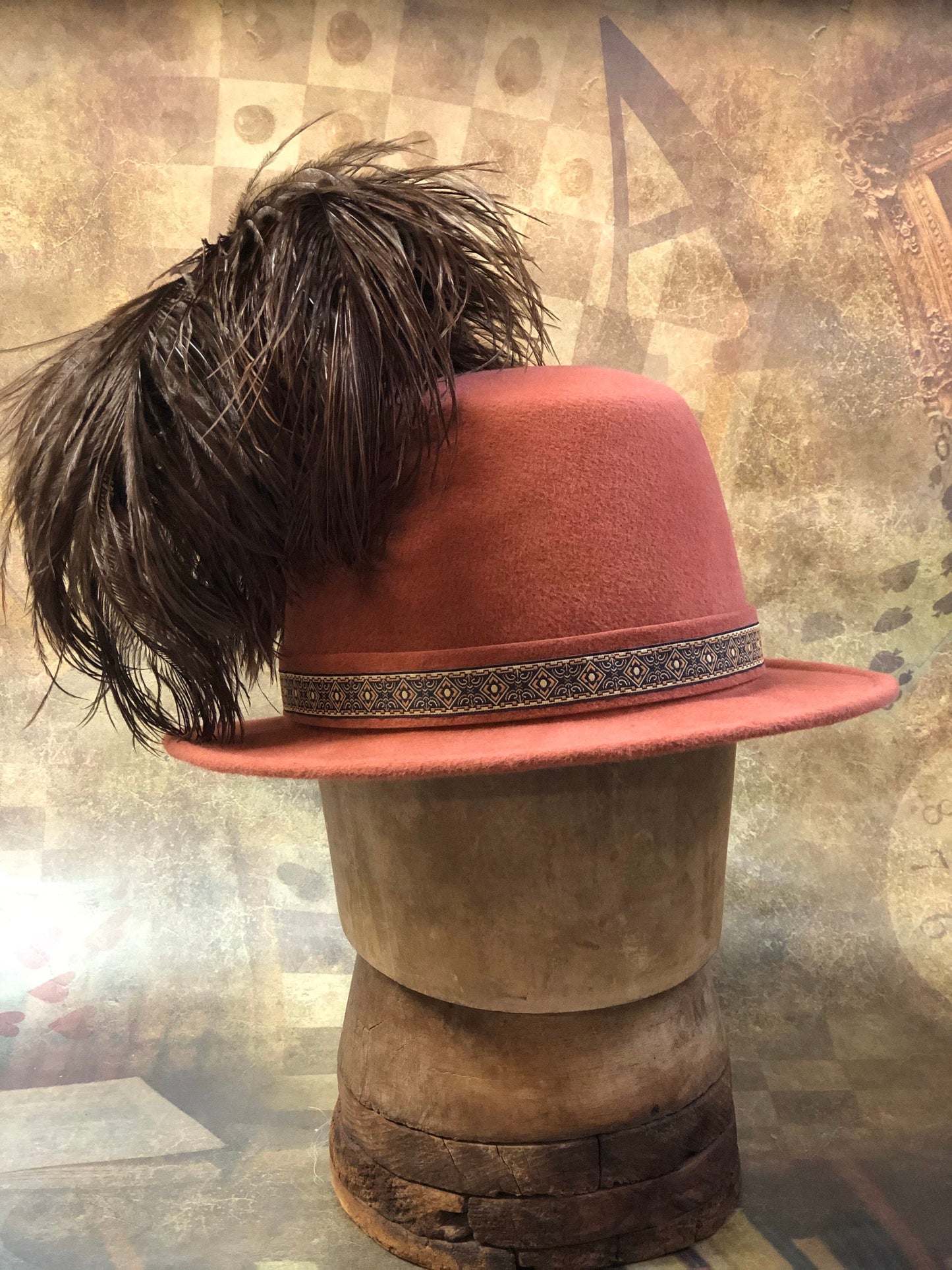 Illyria Hat, Renaissance Hat, Elizabethan Flat Crown Tall Hat in pumpkin spice velour felt with geometric trim - In stock ready to ship