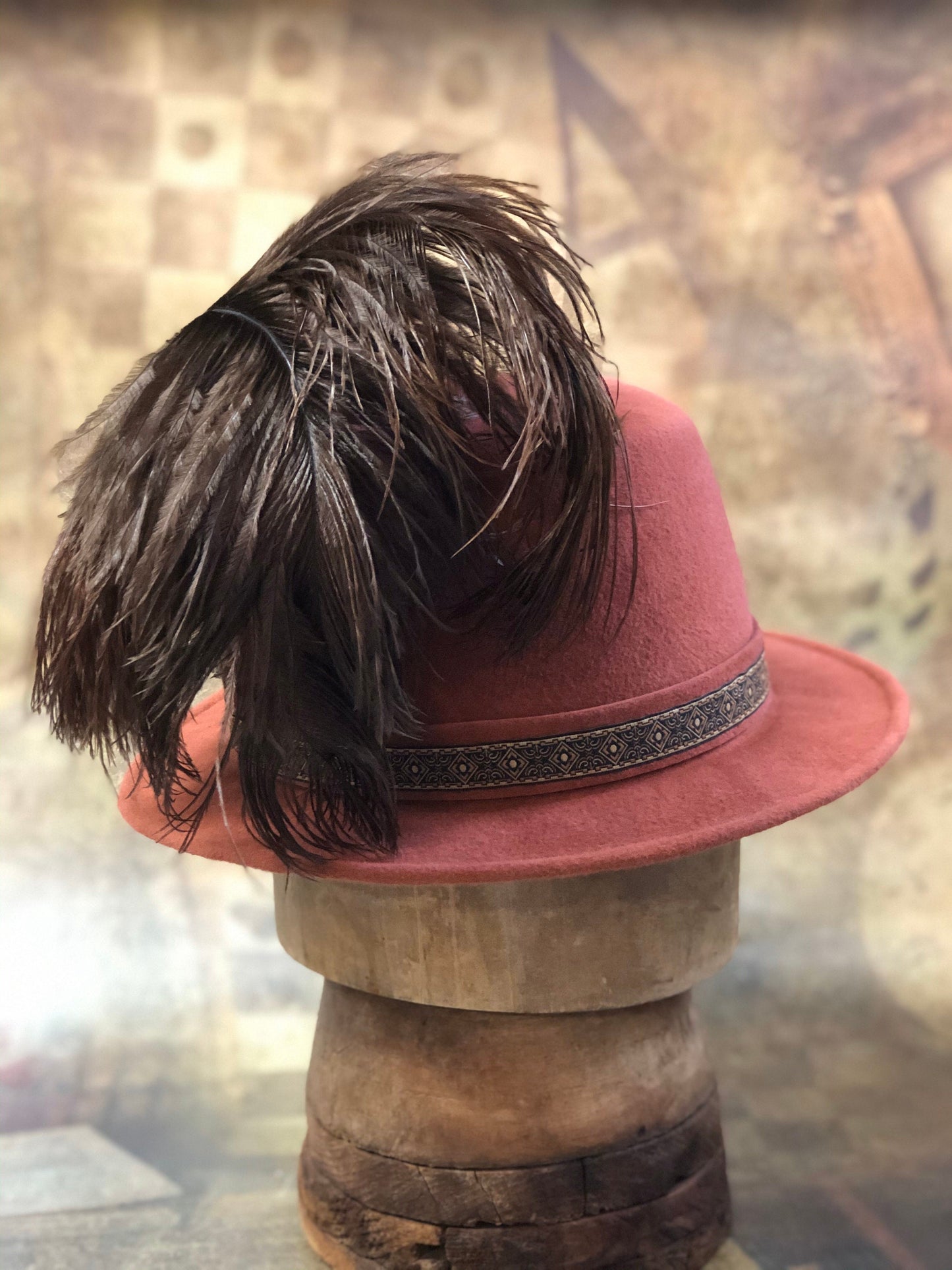 Illyria Hat, Renaissance Hat, Elizabethan Flat Crown Tall Hat in pumpkin spice velour felt with geometric trim - In stock ready to ship