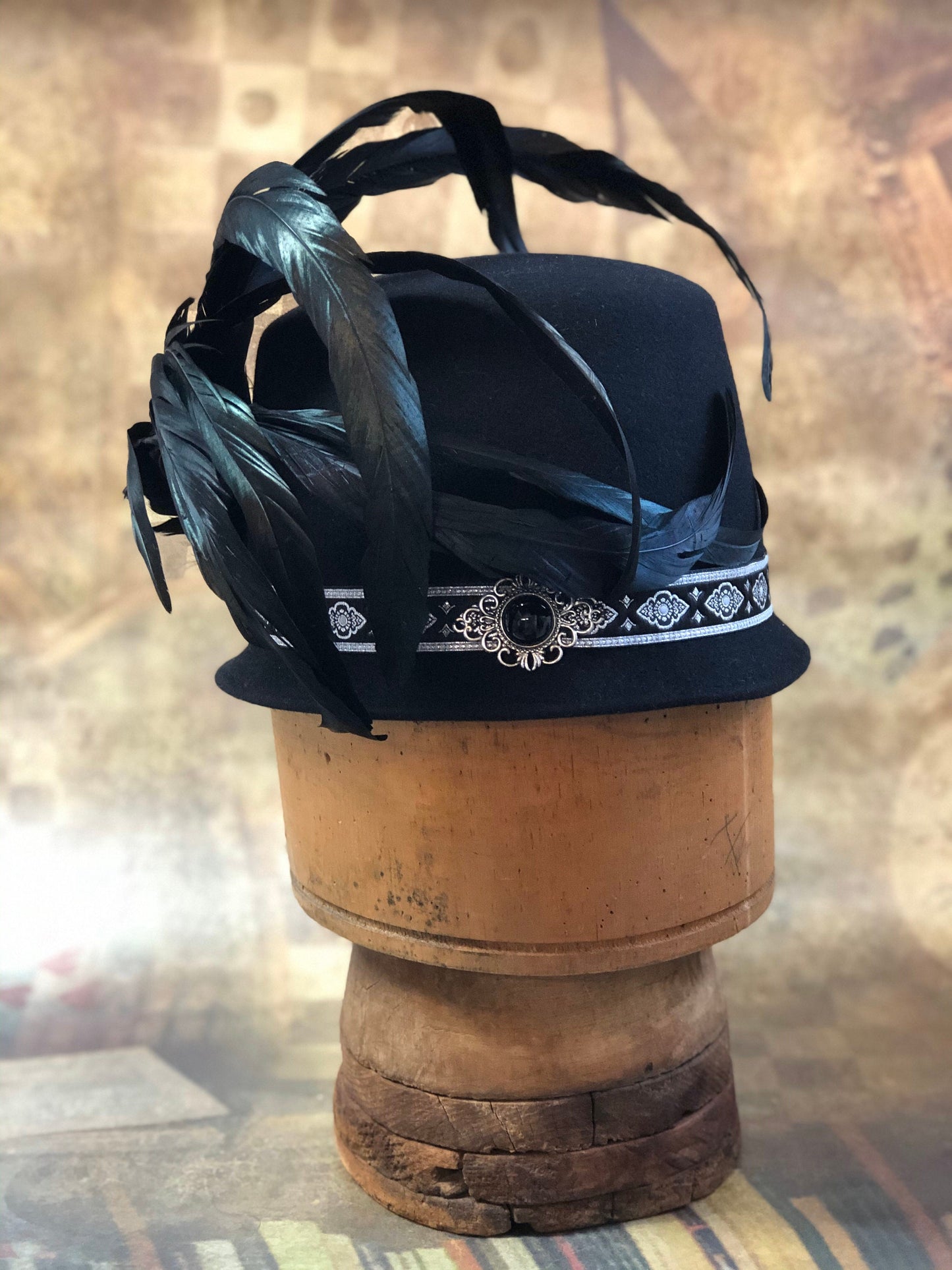 Savoy Hat, Renaissance Hat, Elizabethan Flat Crown Tall Hat in black Felt with metallic silver geometric trim - In stock ready to ship