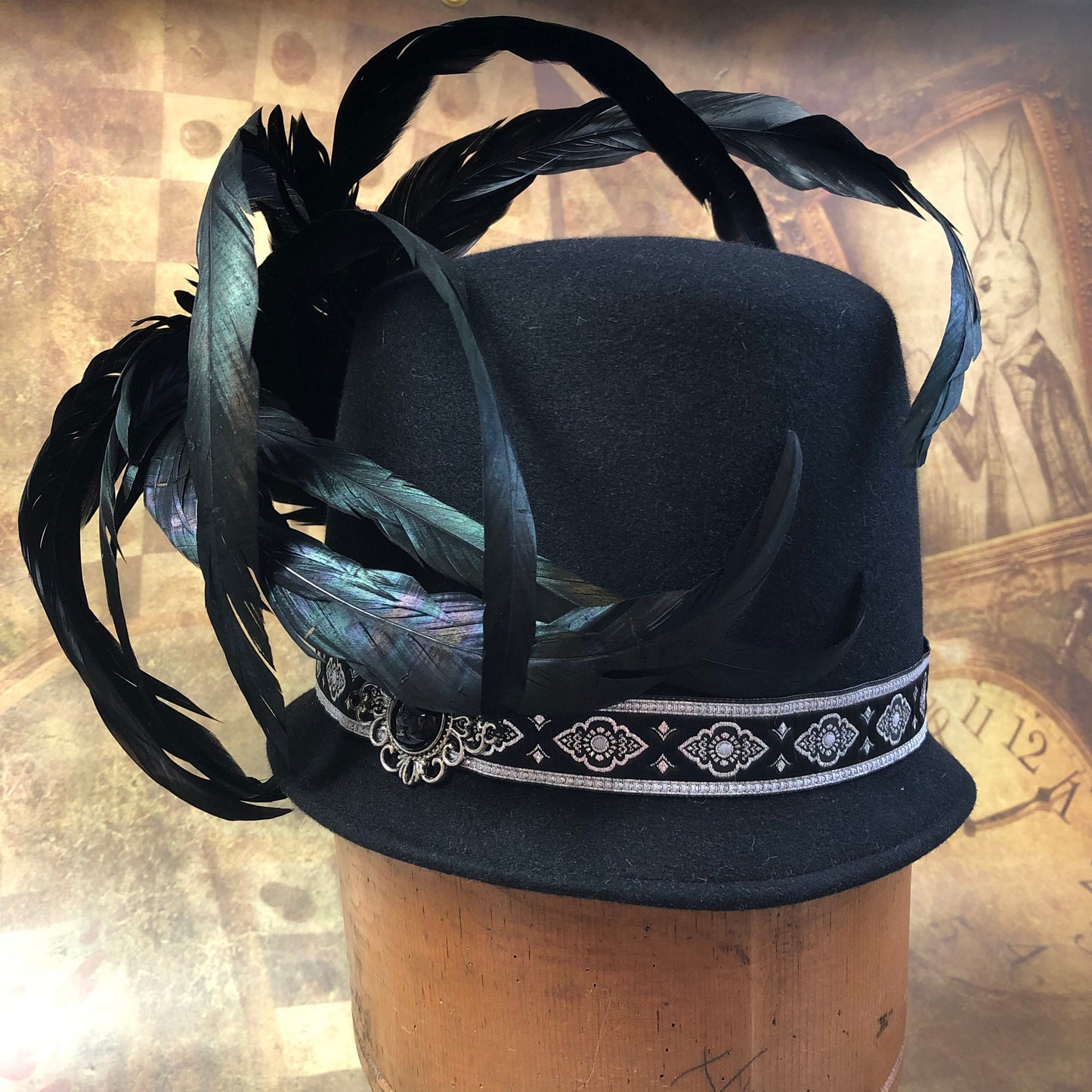 Savoy Hat, Renaissance Hat, Elizabethan Flat Crown Tall Hat in black Felt with metallic silver geometric trim - In stock ready to ship