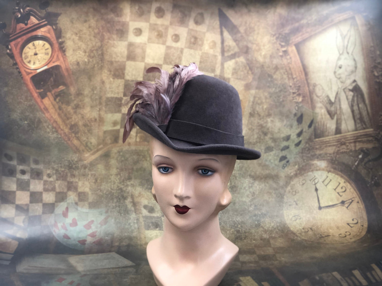 Padua Hat, Renaissance Hat, Elizabethan Flat Crown Tall Hat in taupe velour felt with felt trim - In stock ready to ship