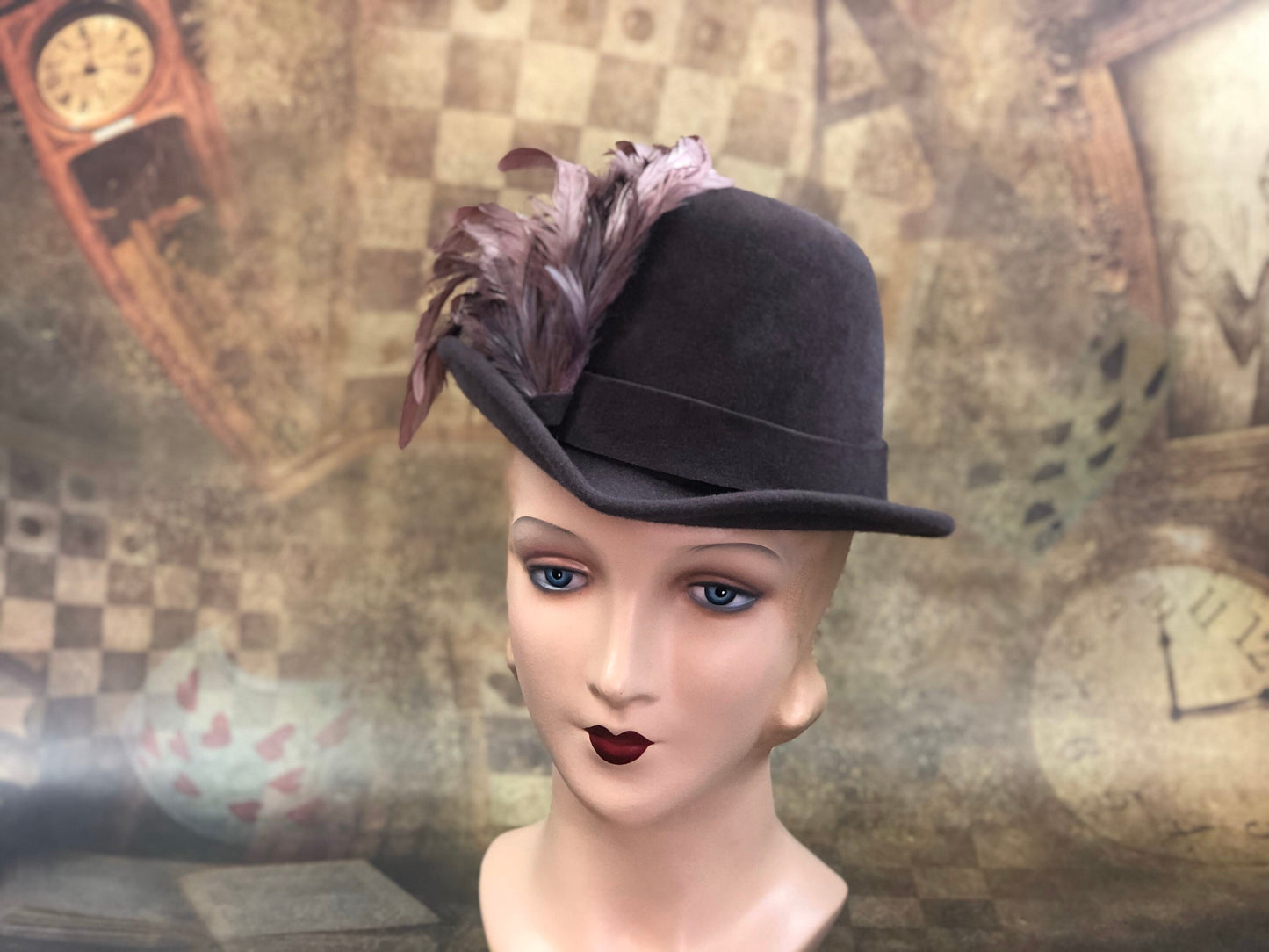 Padua Hat, Renaissance Hat, Elizabethan Flat Crown Tall Hat in taupe velour felt with felt trim - In stock ready to ship